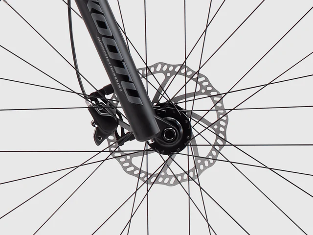 Nahaufnahme einer schwarzen Fahrradgabel und Vorderrad mit Scheibenbremse.