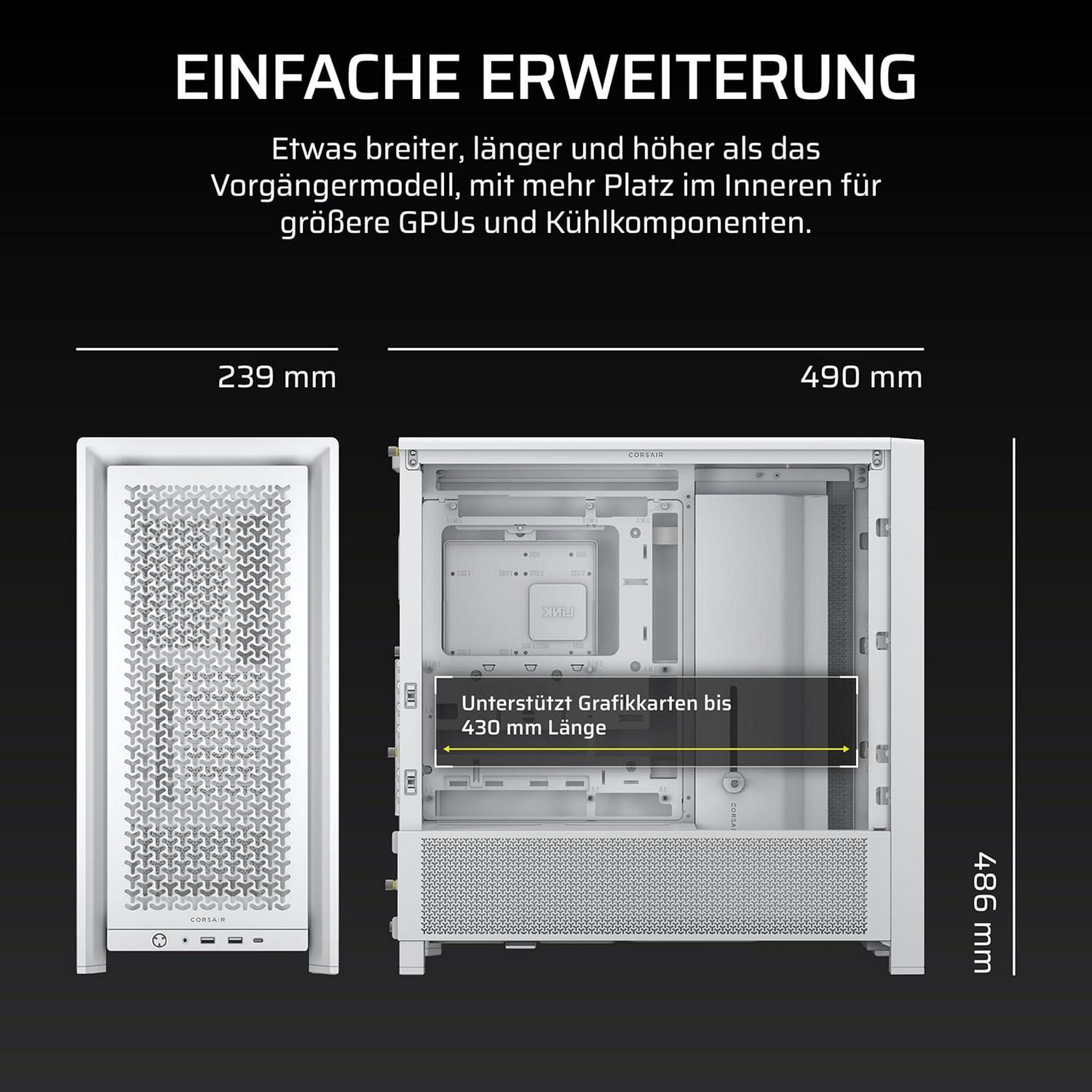 Un case per computer bianco di 239x490x486mm. Supporta GPU fino a 430mm.