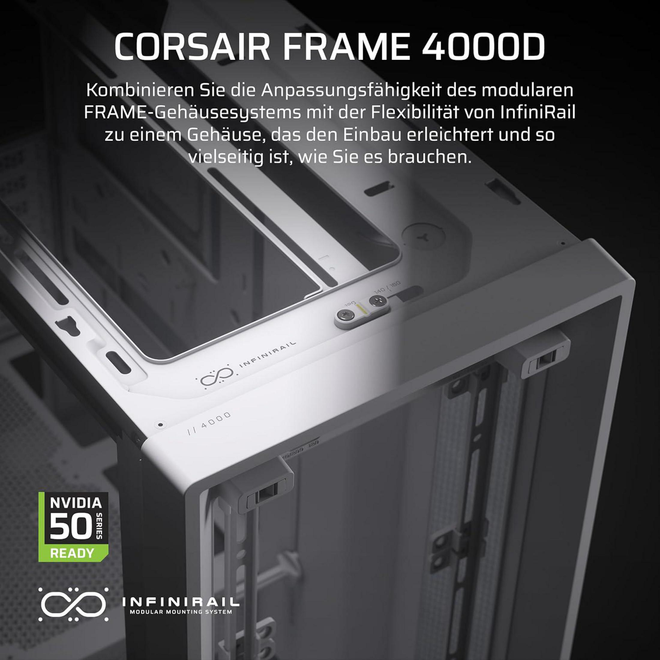 Un case bianco Corsair 4000D con InfiniRail e logo Nvidia 50 Ready.