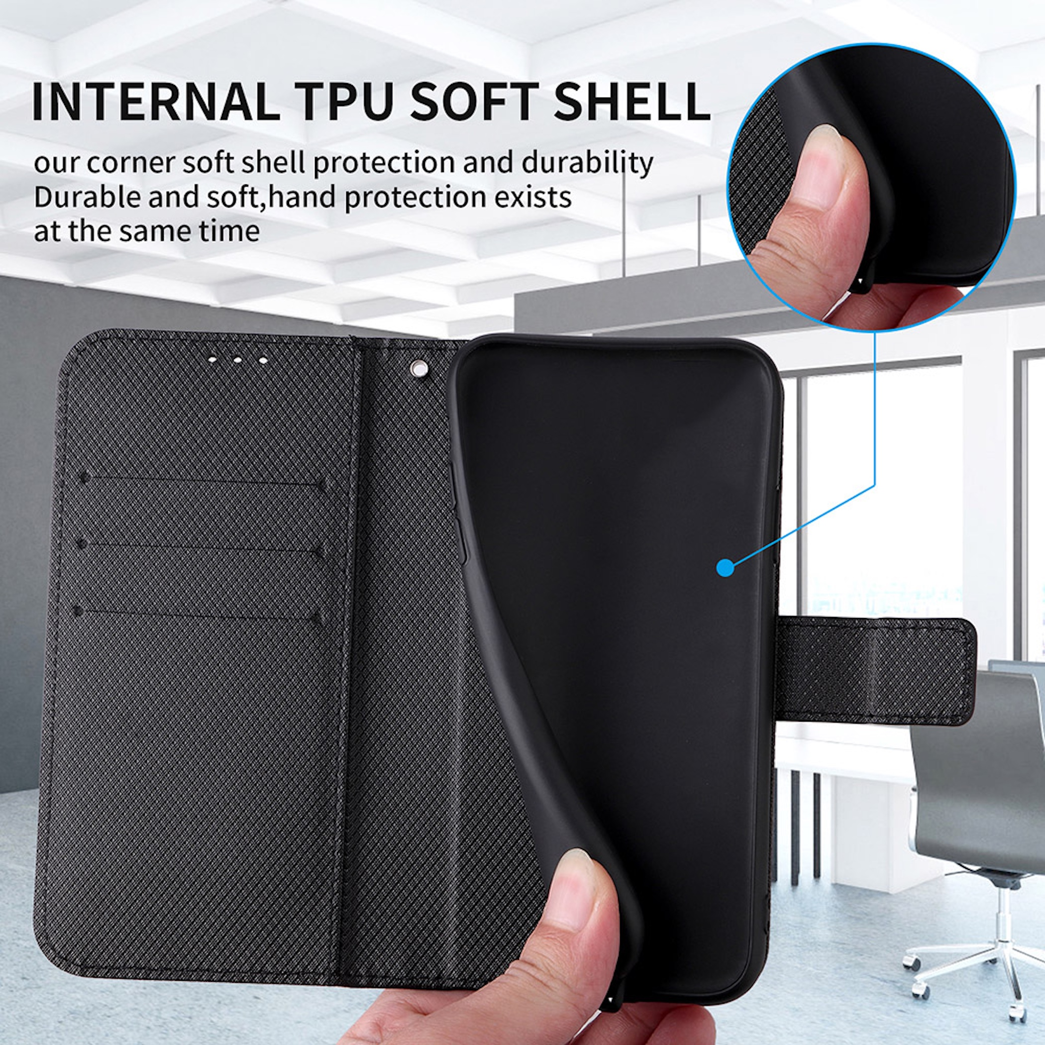 Schwarze Handyhülle mit Kartenfächern und weichem TPU-Schutz.