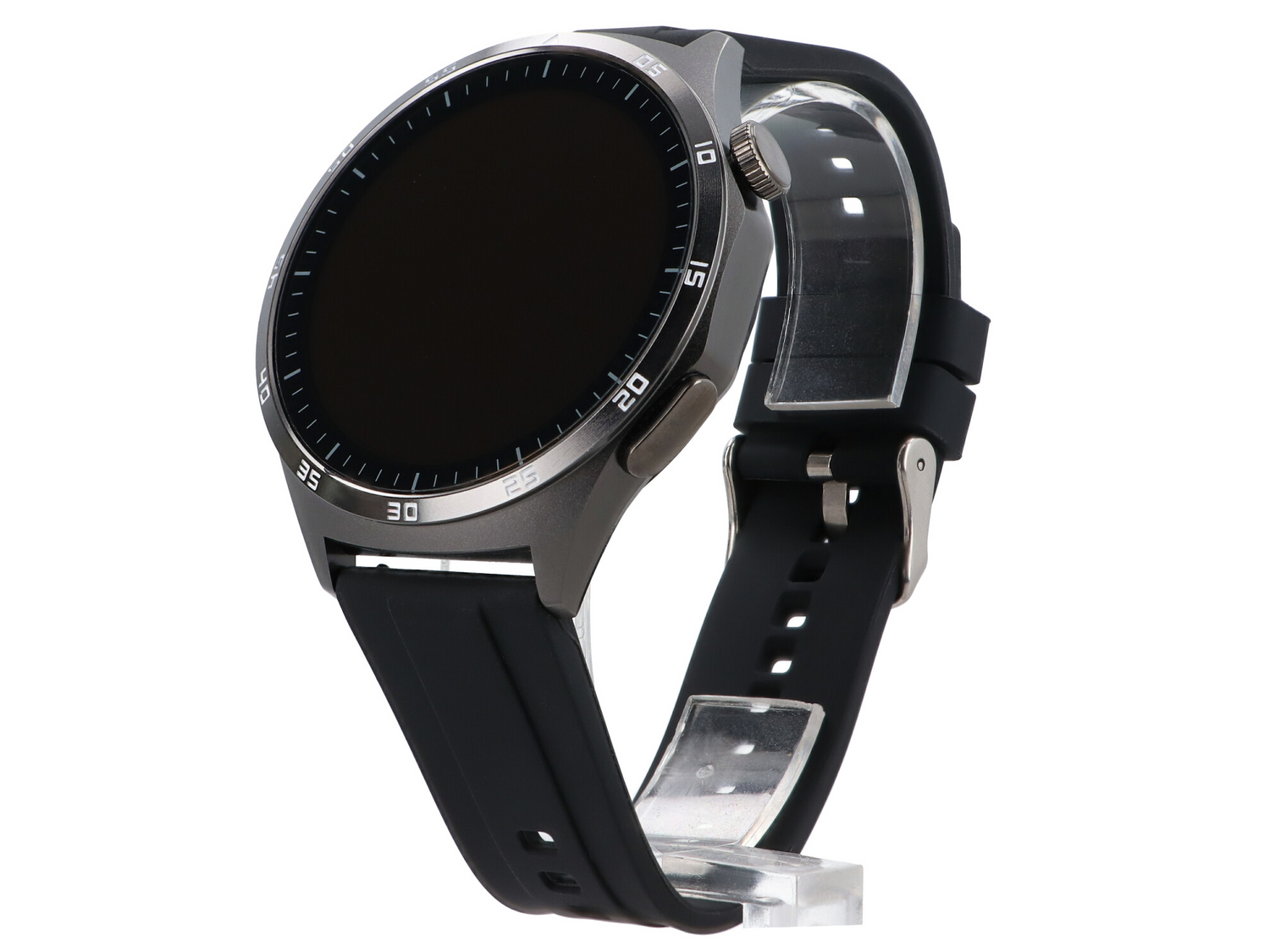 Elegancki, ciemnoszary smartwatch z czarnym paskiem silikonowym spoczywa na przezroczystym stojaku.
