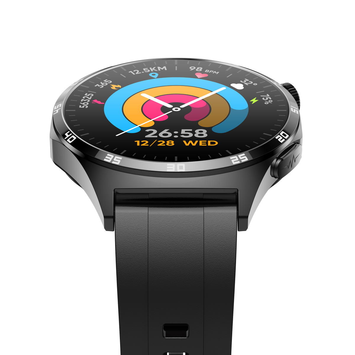 Czarny smartwatch pokazuje 26:58, 12/28, 12.5km, 98 BPM, 32°, 75%