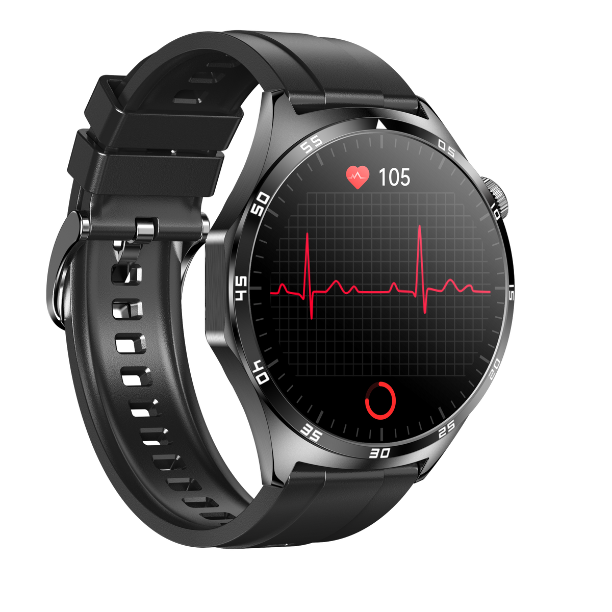 Czarny smartwatch wyświetla odczyt EKG z tętniem 105.