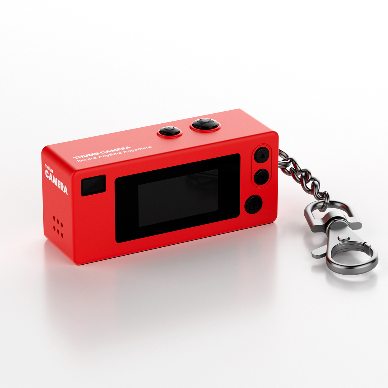 Mini cámara roja con llavero y pantalla negra.