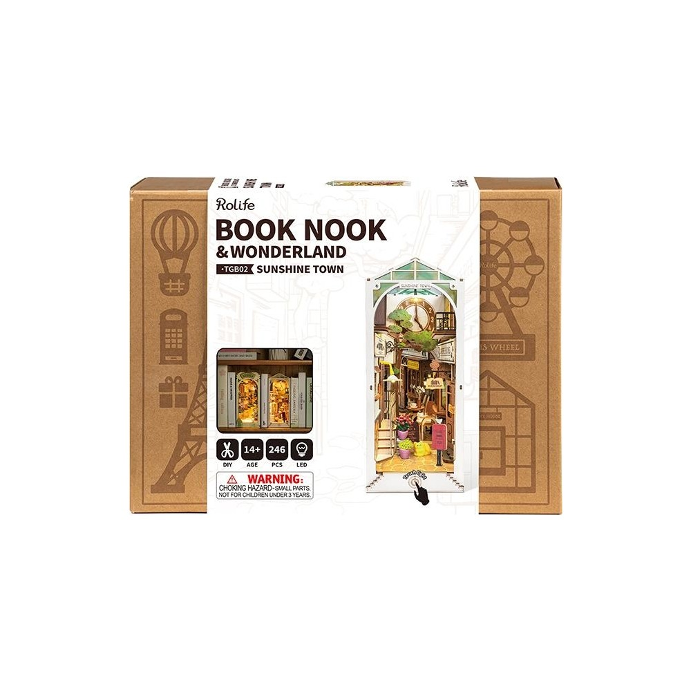 Rolife Kitap Köşesi & Harikalar Diyarı seti, Sunshine Town, uyarı etiketiyle.