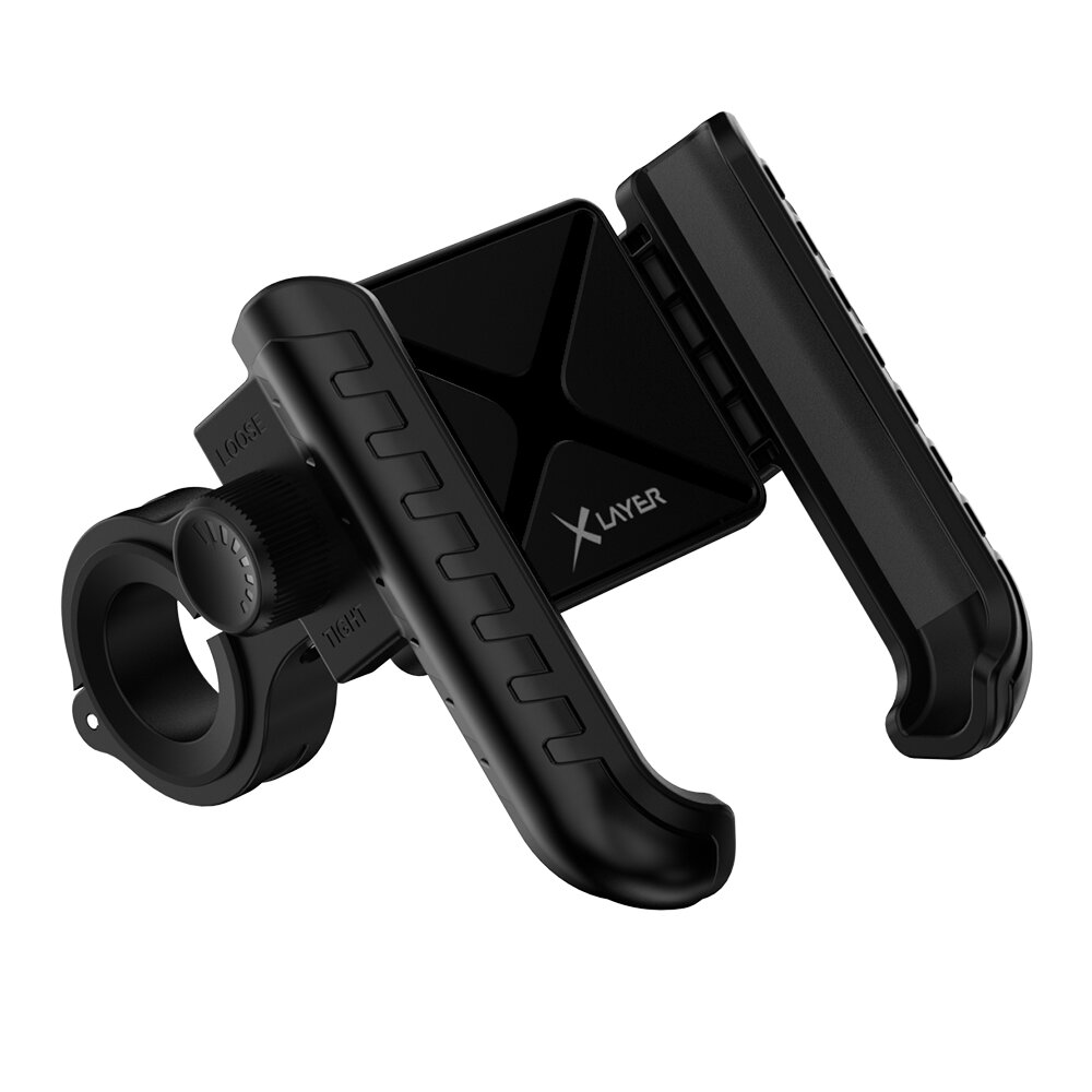 Schwarzer Fahrrad-Handyhalter mit X-Layer-Logo und Verstellmechanismus.