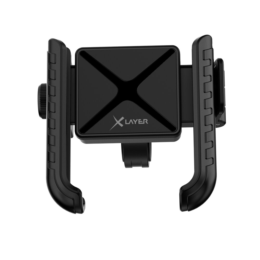 Ein schwarzer Handyhalter mit X-förmigem Muster und Logo.