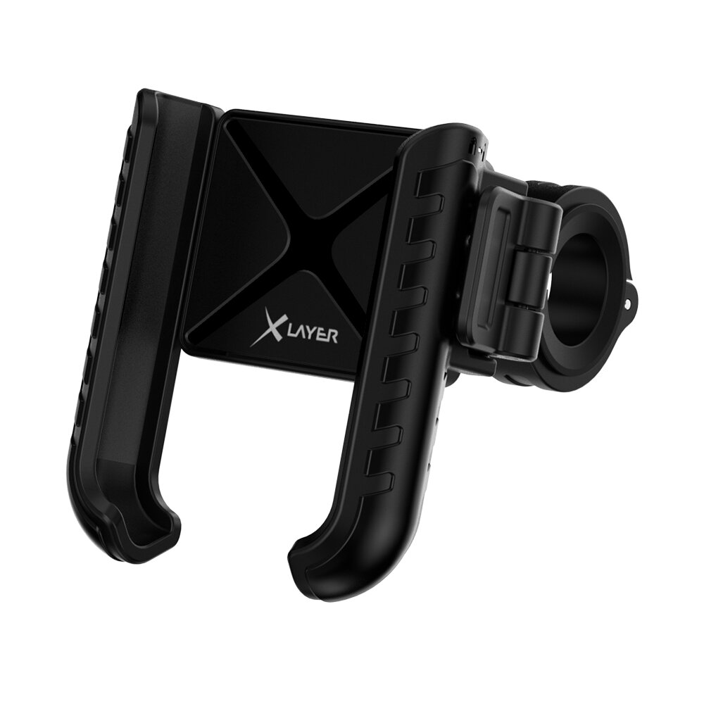Ein schwarzer, universeller Handyhalter für Fahrräder mit X-Layer-Logo.
