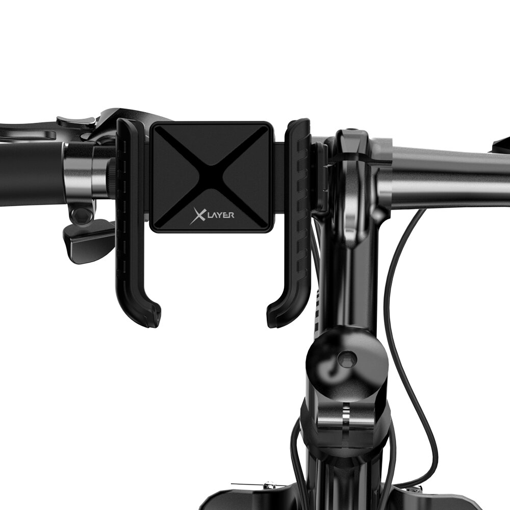 Schwarzer Fahrradhandyhalter mit X-Layer-Logo auf Lenker montiert.