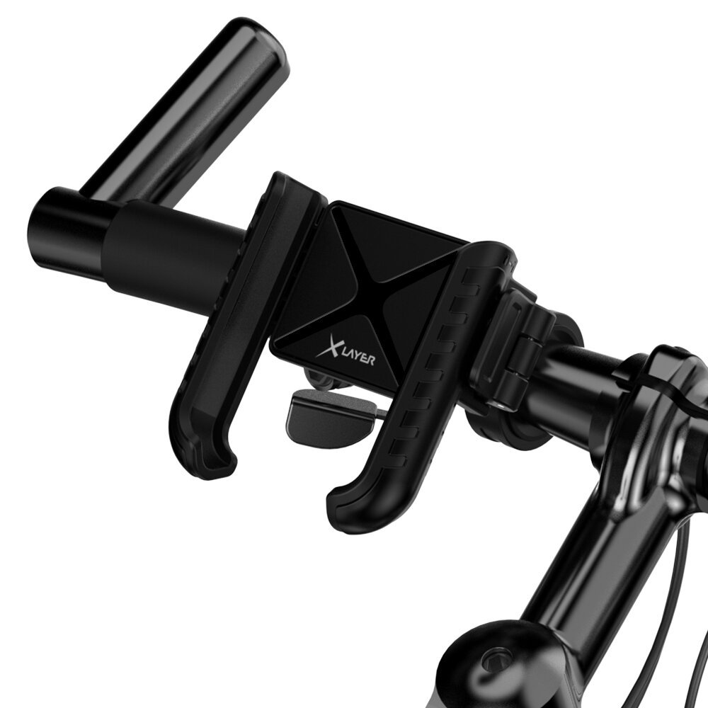 Ein schwarzer Fahrradhandyhalter mit dem XLayer-Logo auf einem Fahrradlenker.