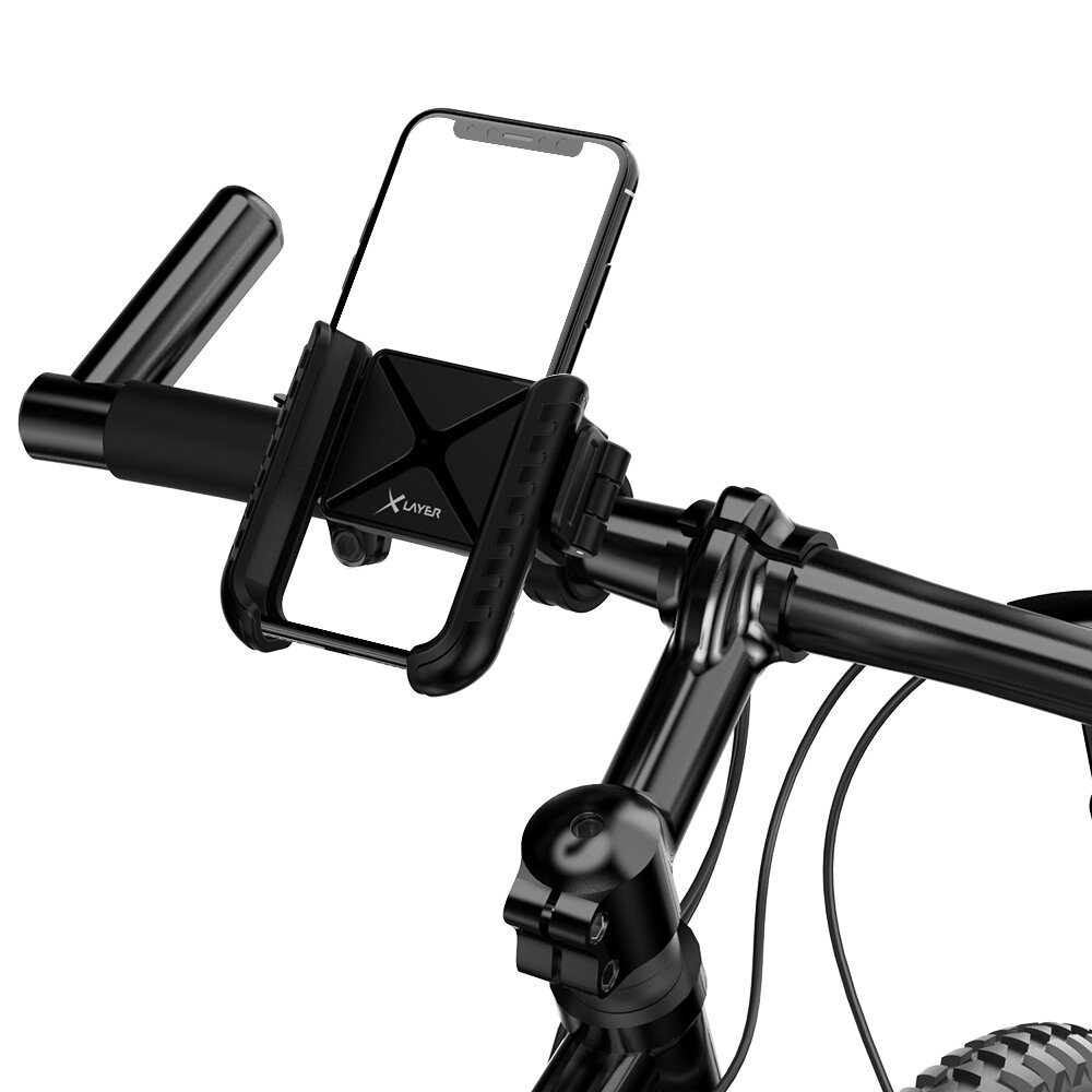 Ein schwarzer Fahrradlenker mit Handyhalterung und leerem Smartphone.