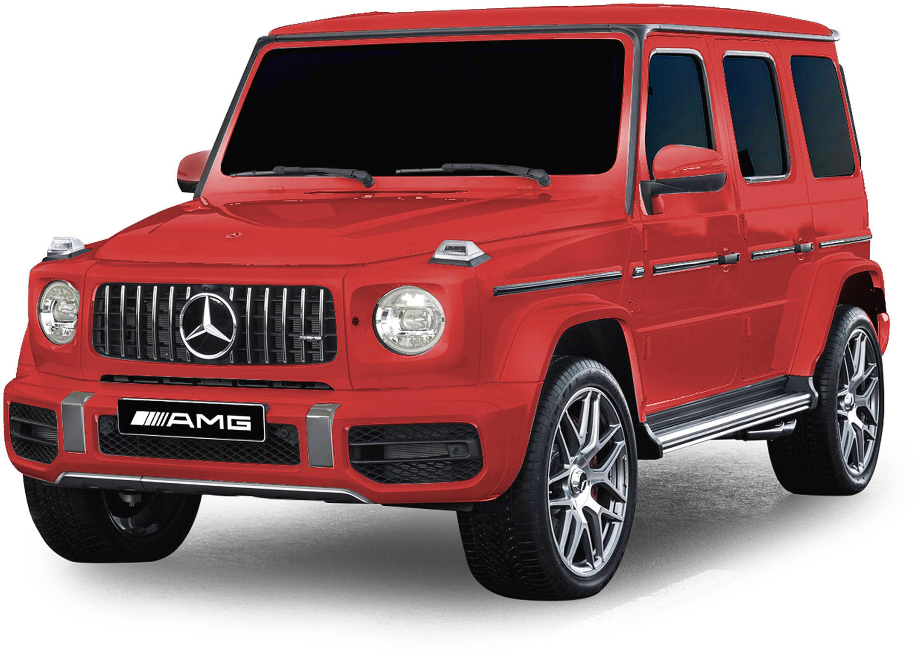 Roter Mercedes-AMG mit silbernen Felgen und AMG-Logo.