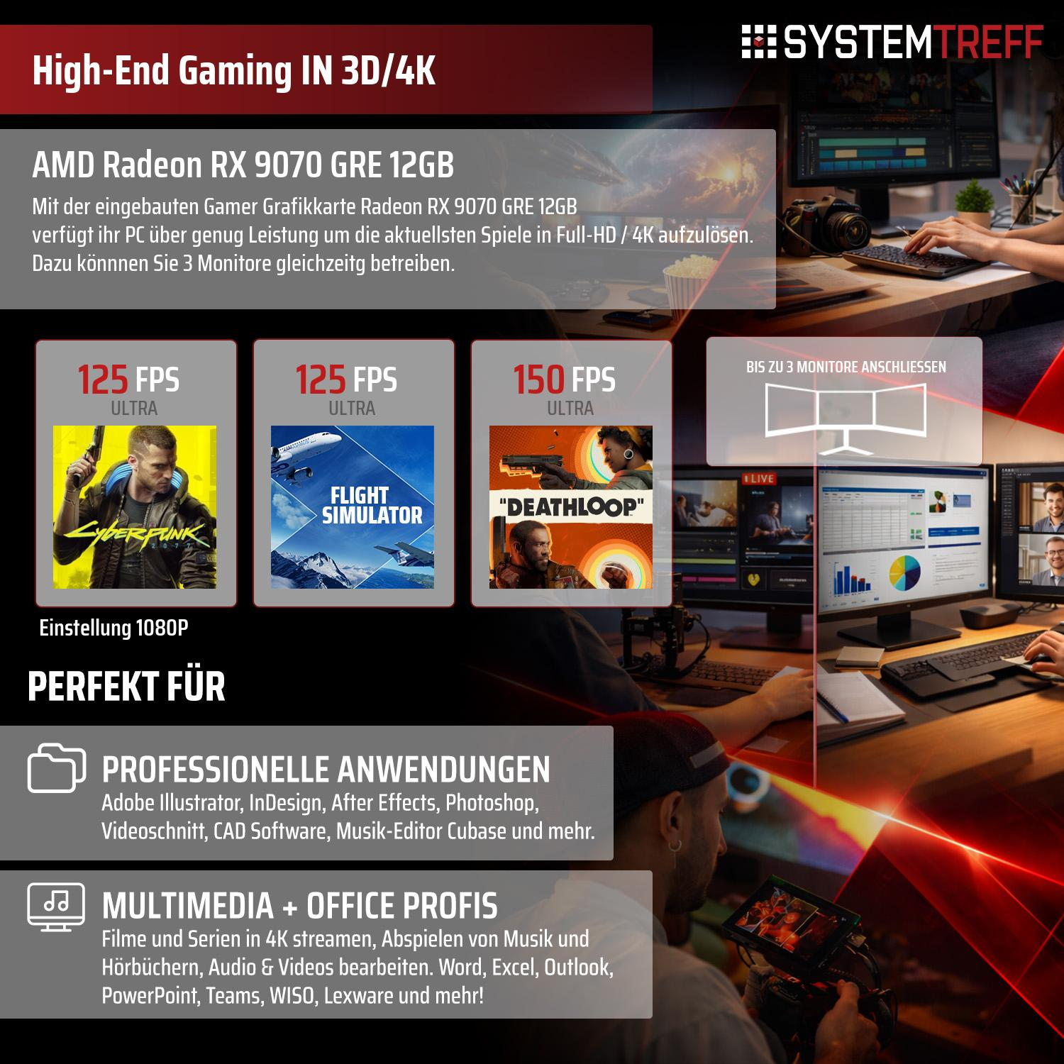 Gaming PC mit AMD Radeon RX 9070 GRE 12GB, 3 Monitoren, Spielen, Profi-Anwendungen.