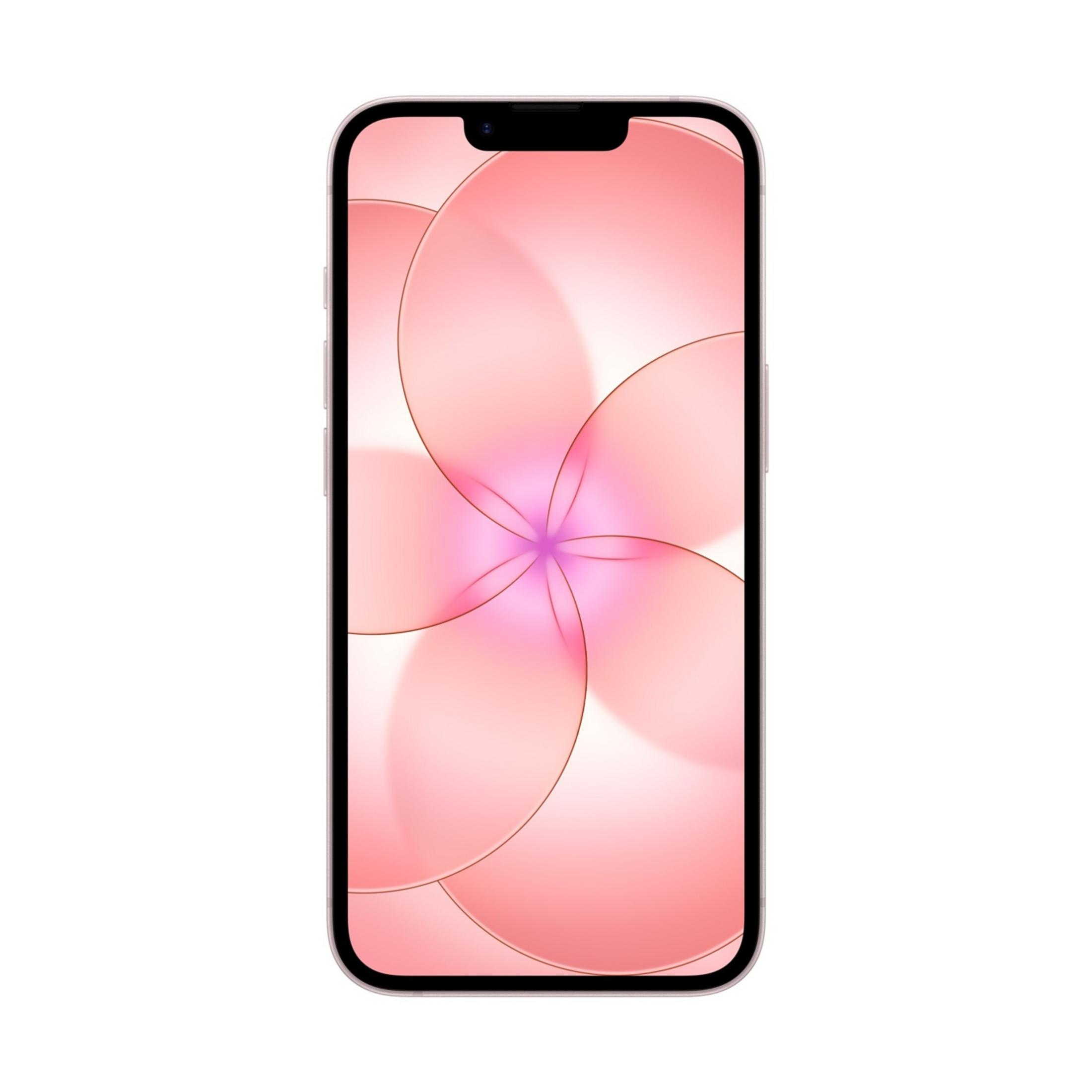 Srebrny smartfon z różową, abstrakcyjną tapetą.