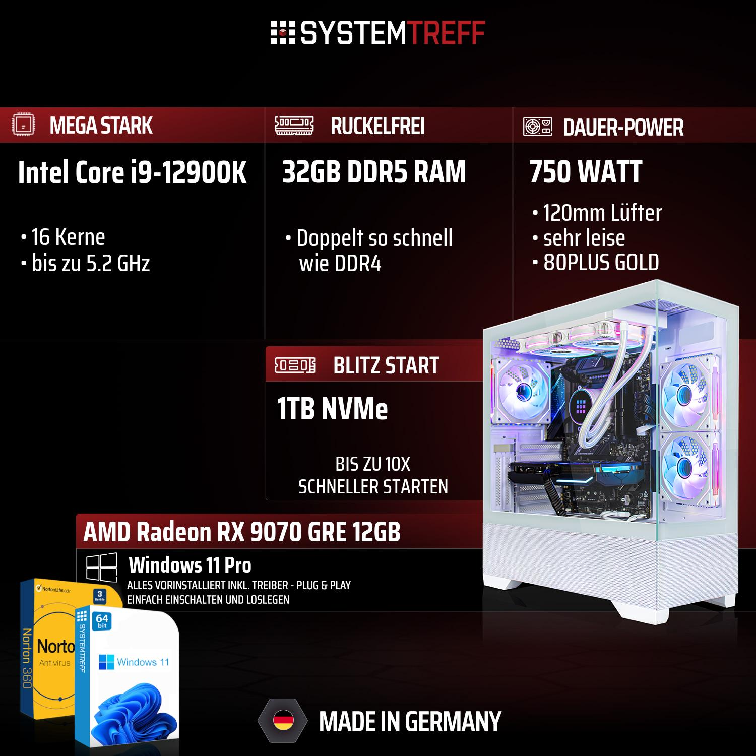 Gaming-PC mit Intel i9, 32GB DDR5 RAM, 1TB NVMe SSD, RX 9070 GRE. Made in Germany.