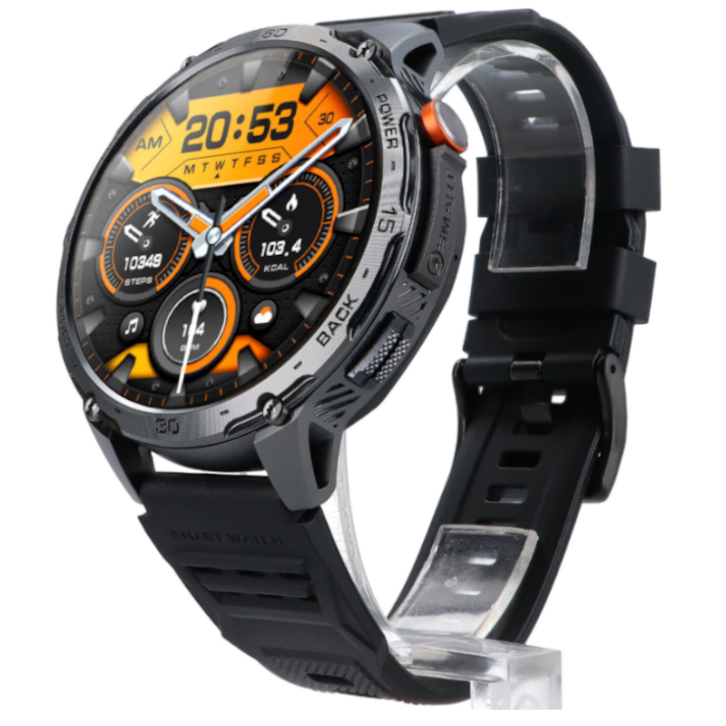 Szary smartwatch z czarnym paskiem i pomarańczowo-czarną tarczą, pokazujący 20:53.