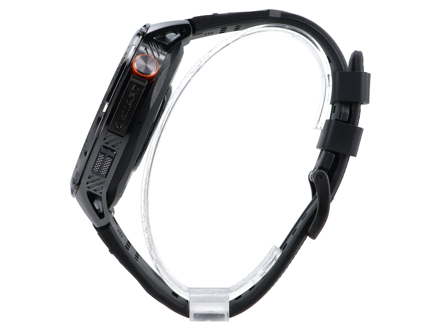 Czarny smartwatch z pomarańczowym przyciskiem na przezroczystym stojaku.