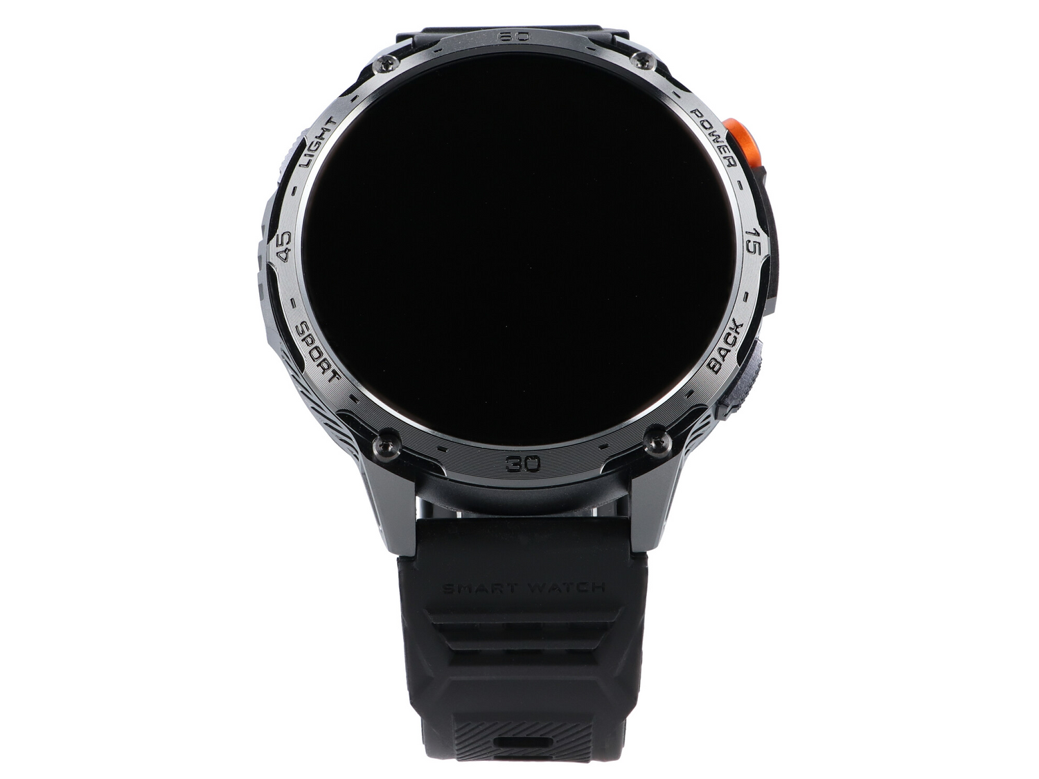 Srebrny smartwatch z czarnym wyświetlaczem i pomarańczowym przyciskiem.
