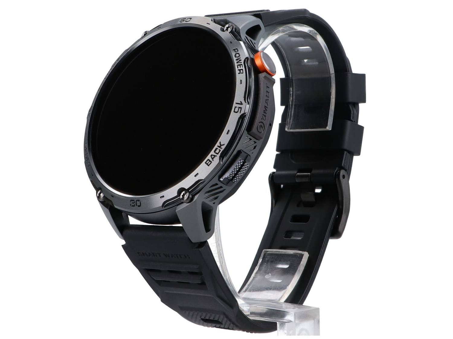 Czarny smartwatch z okrągłym, ciemnym ekranem i czarnym, teksturowanym paskiem.
