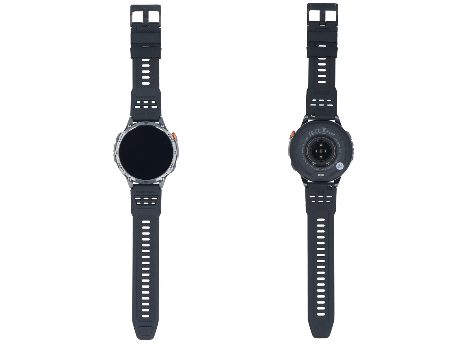 Szary smartwatch z czarnym paskiem, widok z przodu i tyłu.