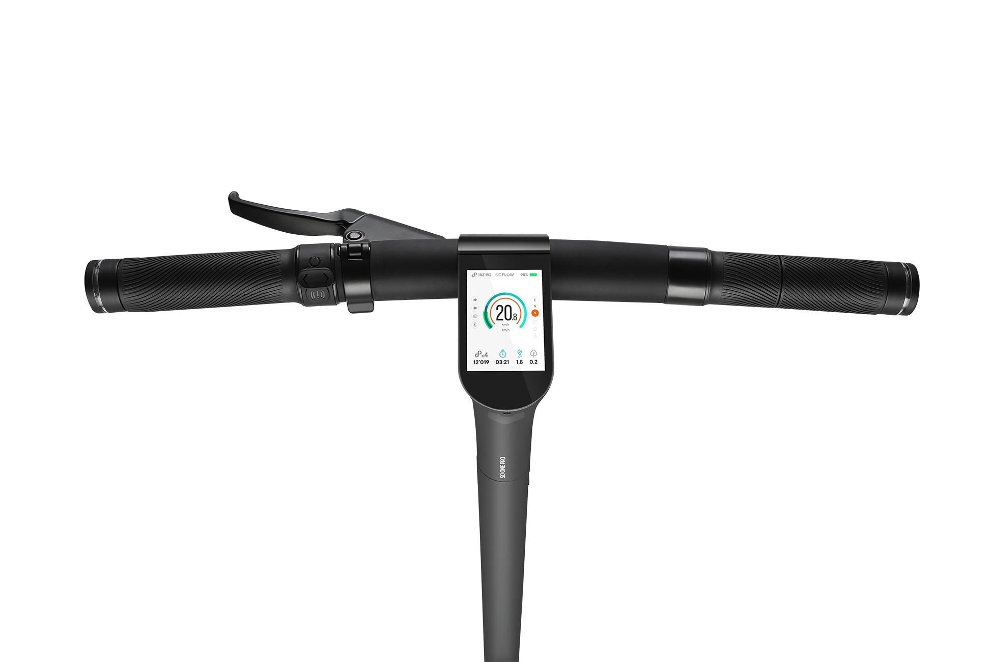 Schwarzer E-Scooter-Lenker mit Digitalanzeige, die 20,8 km/h anzeigt.