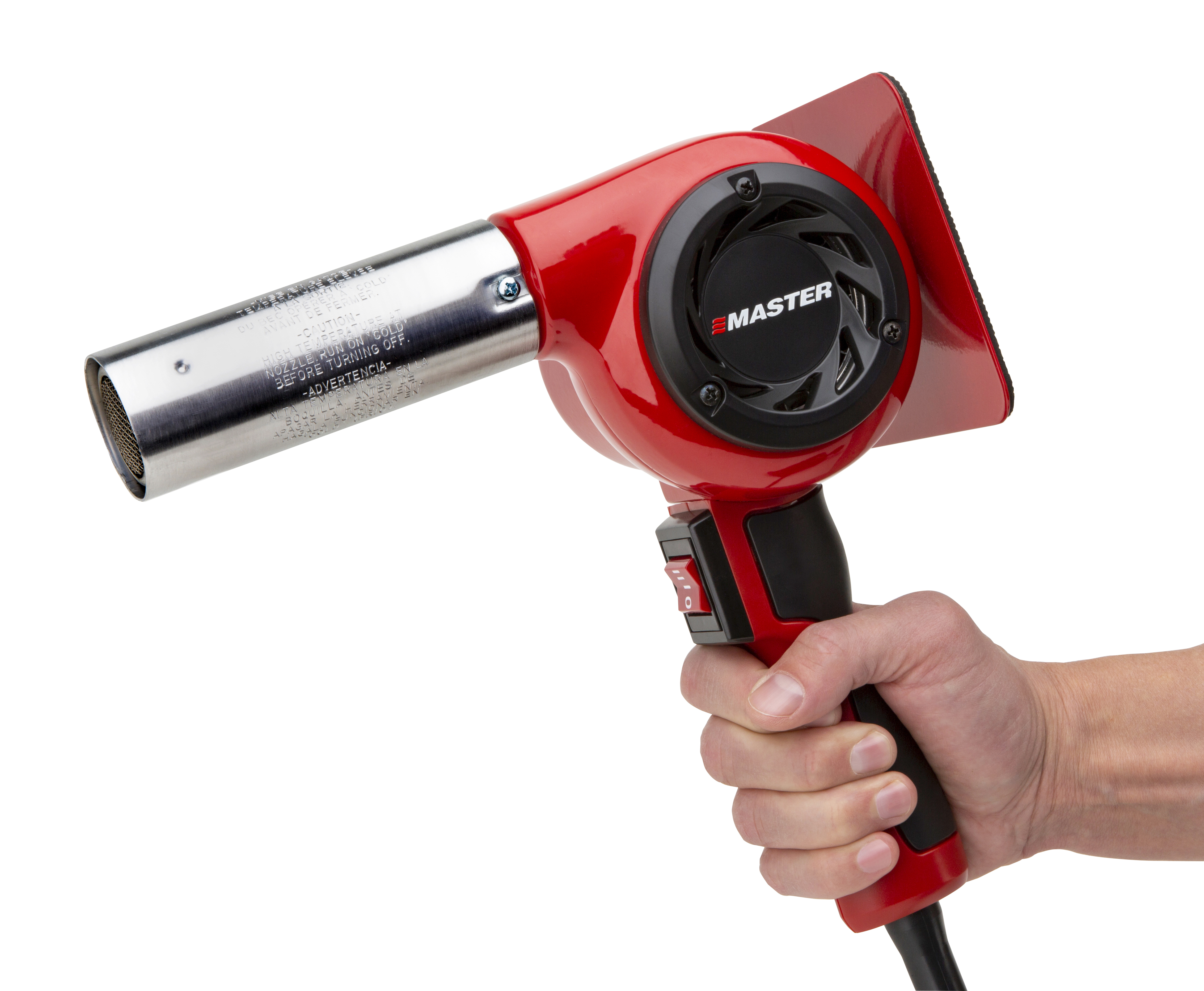 Eine rote Heißluftpistole mit schwarzem Griff wird in einer Hand gehalten.