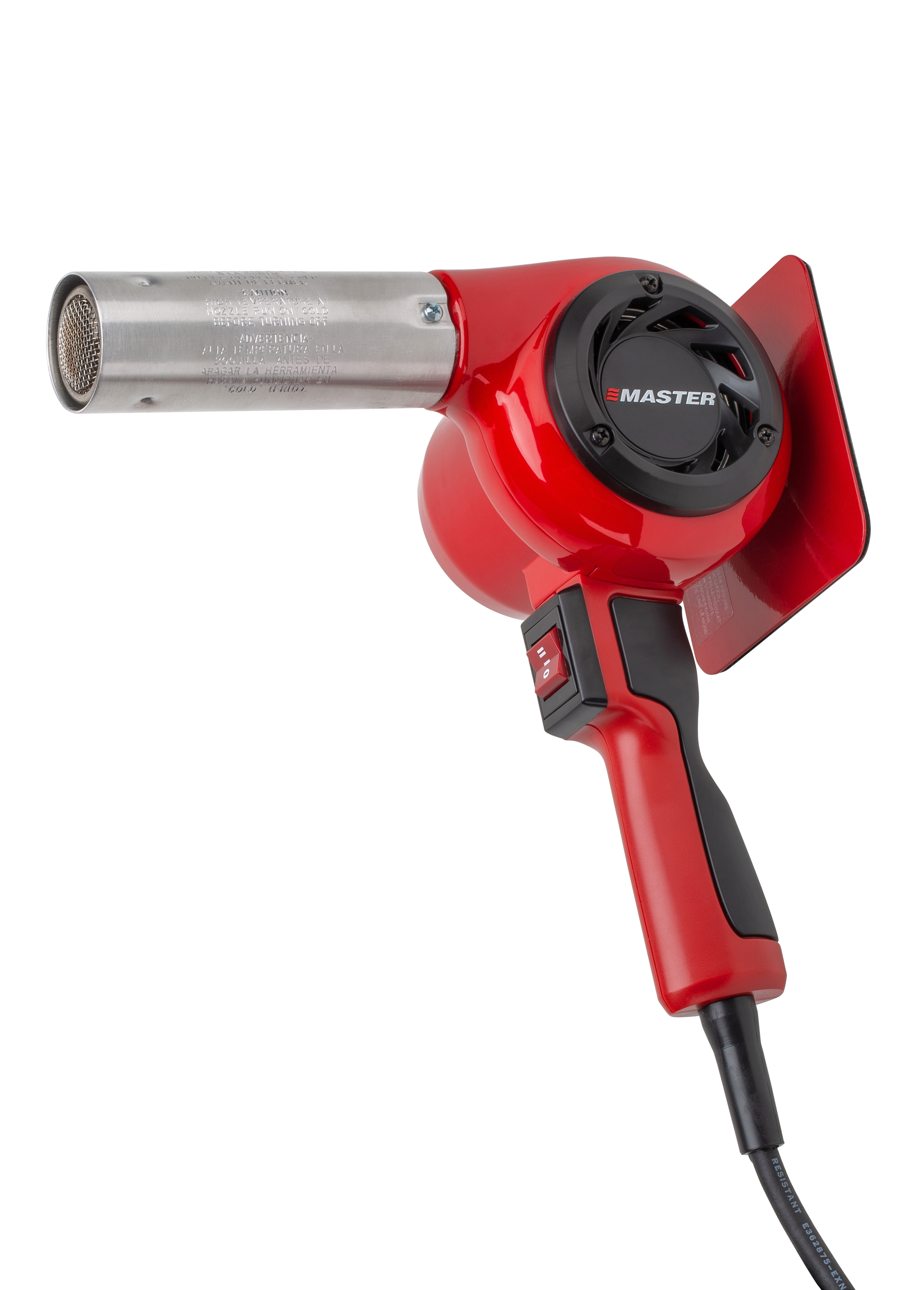 Ein roter Heißluftföhn mit schwarzem Griff und Metallsieb vorne.