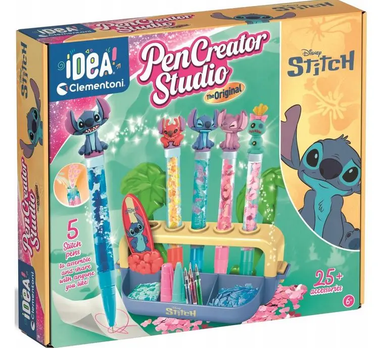 Pudełko Disney Stitch Pen Creator Studio z 5 długopisami i akcesoriami.