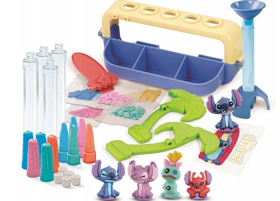 Zestaw zabawek Stitch z figurkami, kolorowym brokatem, tubkami i narzędziami.