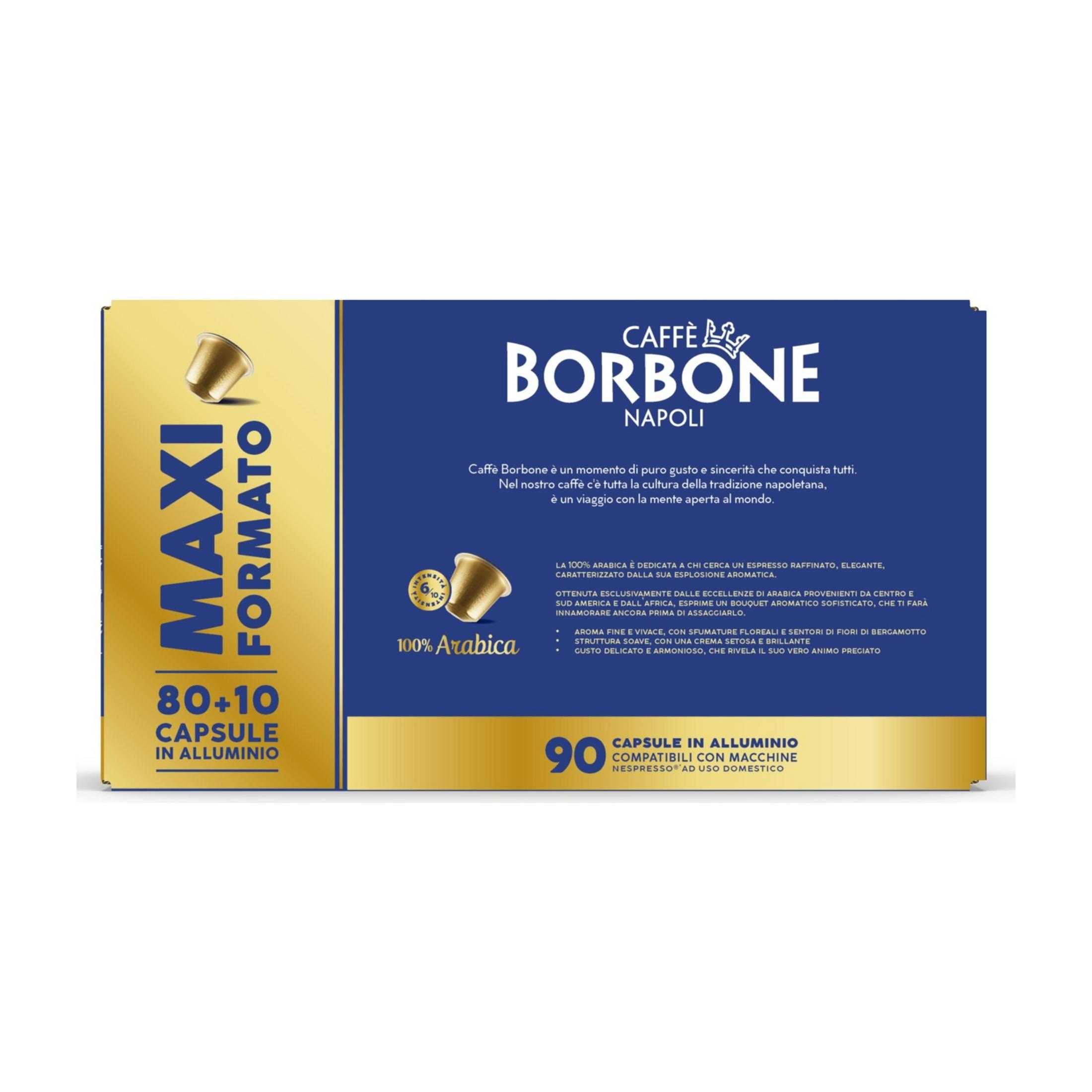 Confezione da 90 capsule caffè alluminio, compatibili Nespresso, formato Maxi.