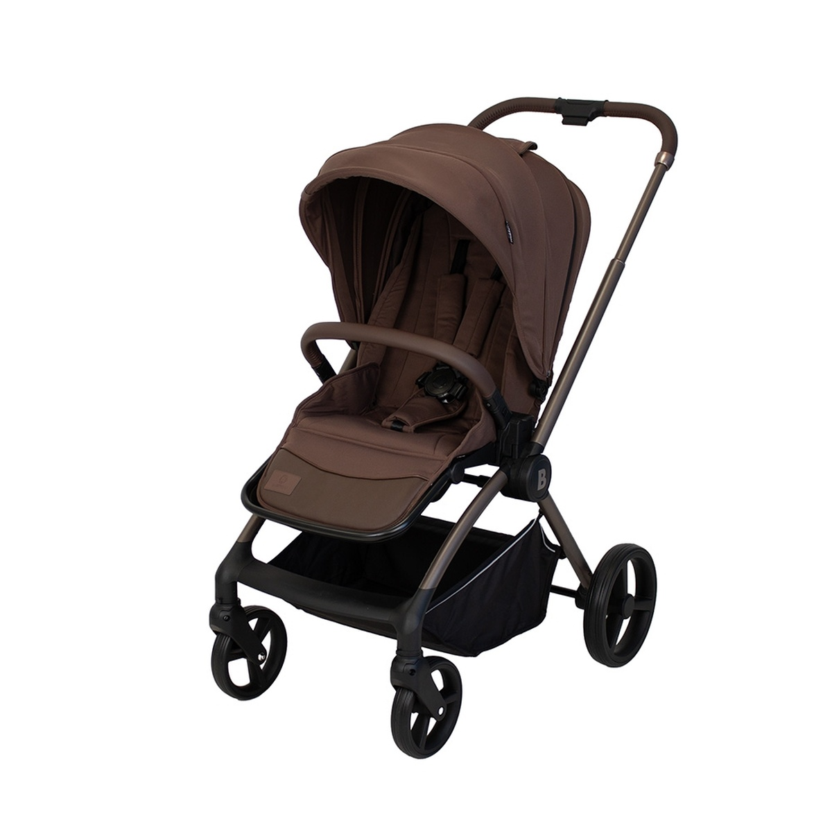 Ein brauner Kinderwagen mit Verdeck, Sitz und Aufbewahrungskorb.