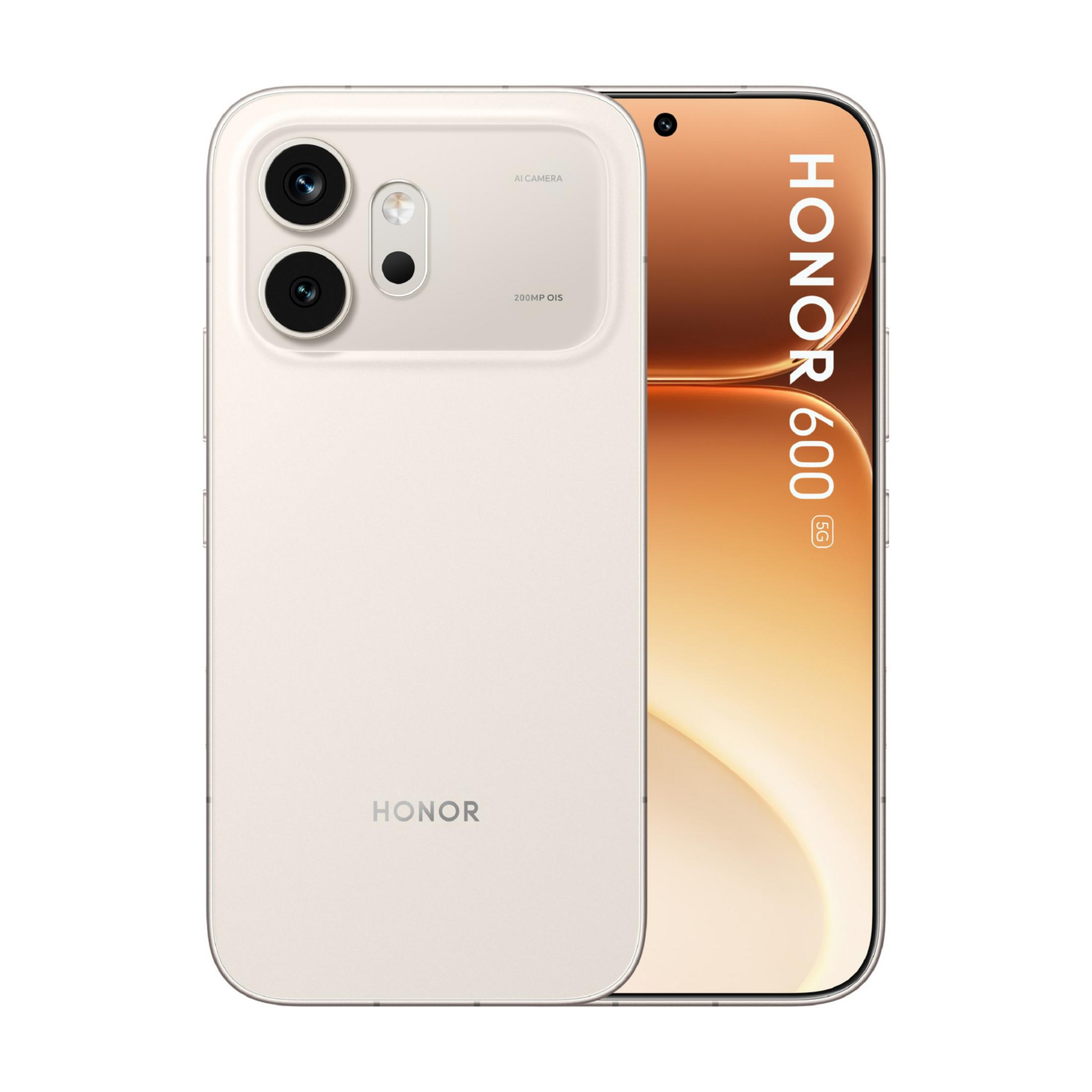 Un smartphone Honor beige claro con doble cámara trasera y pantalla.
