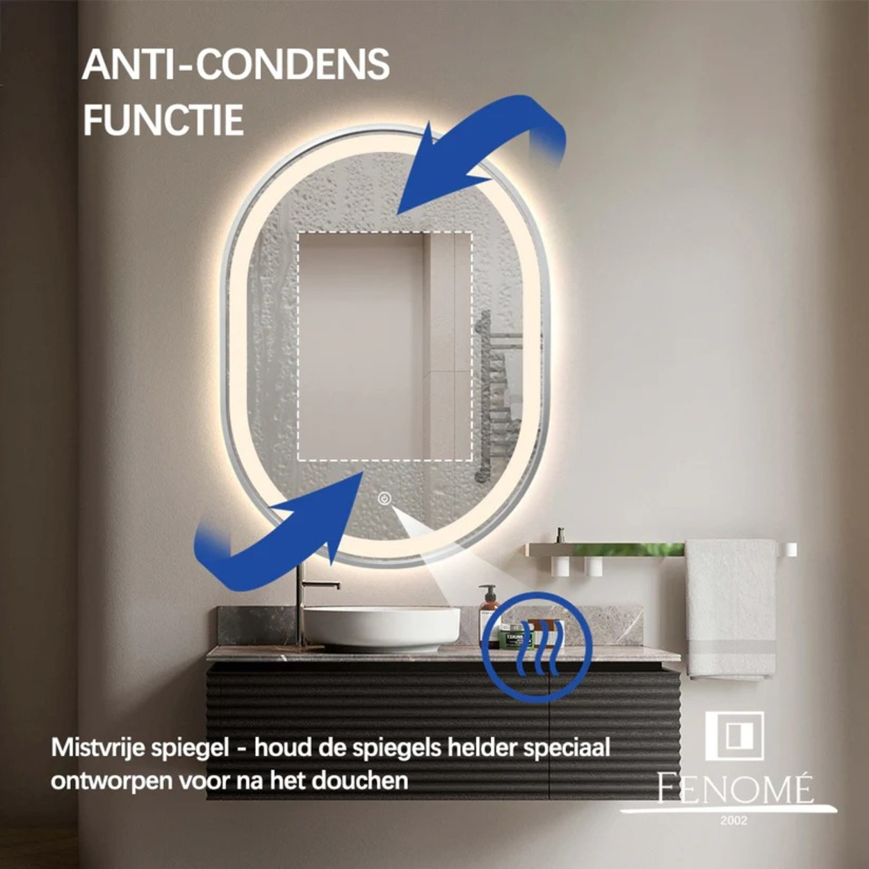 Een ovale spiegel met LED-verlichting boven een wastafel met kraan en wasbak. Anti-condens functie.