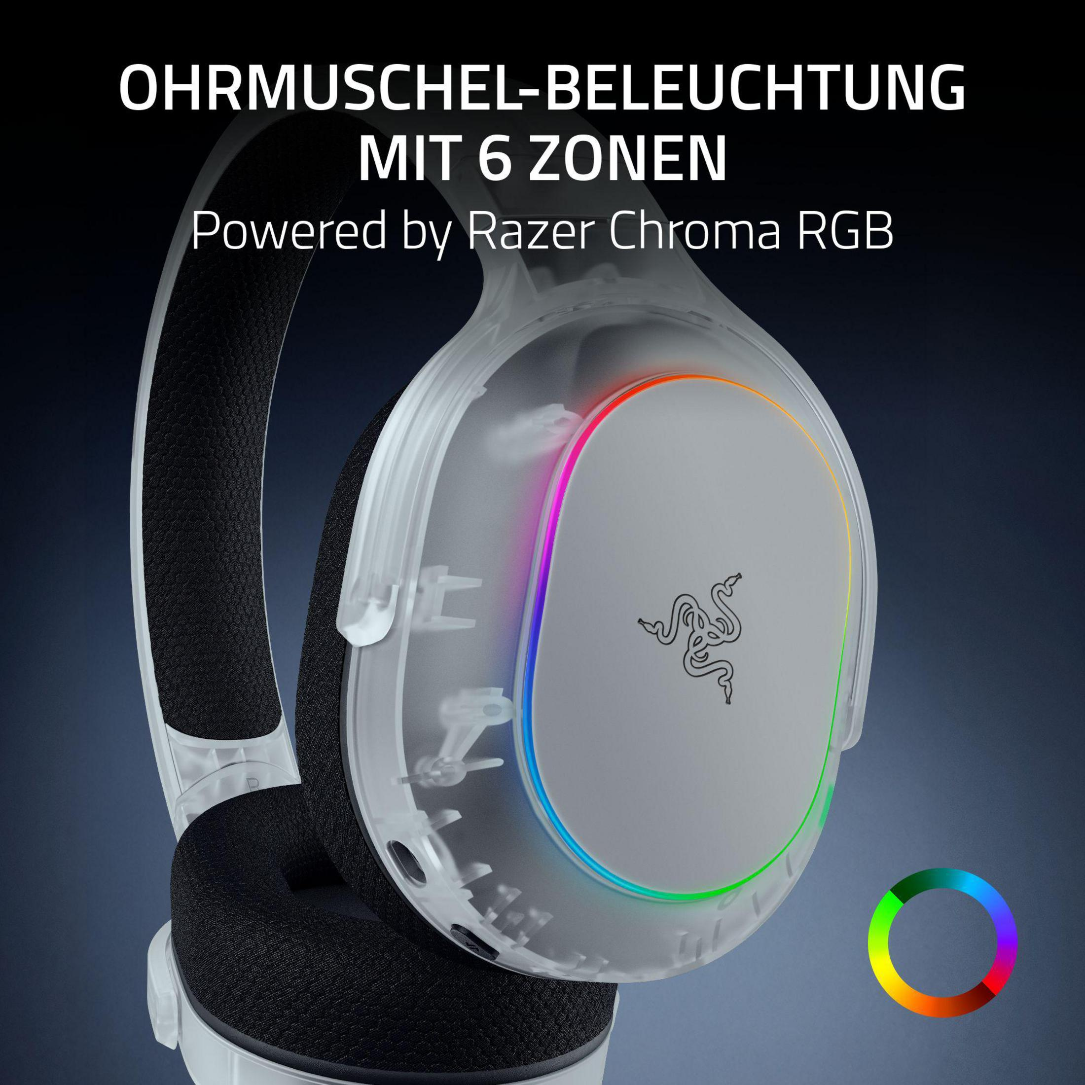 Un auricolare trasparente con illuminazione RGB e logo Razer.