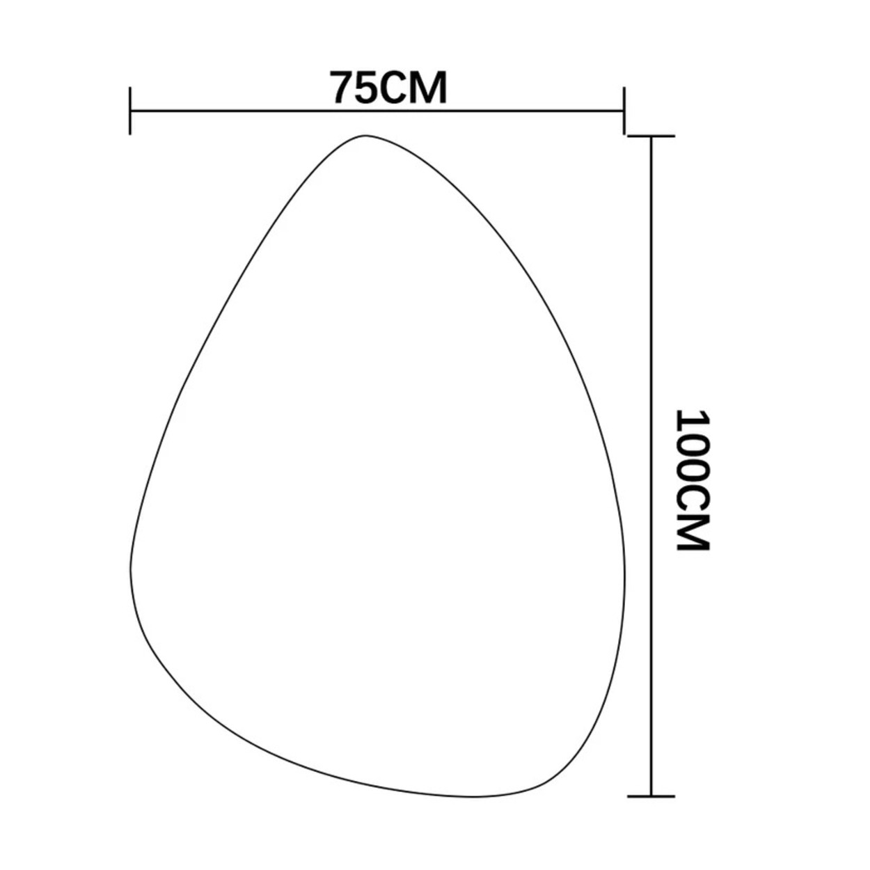 Een vuile omtrek toont een onregelmatige vorm van 75 cm en 100 cm.
