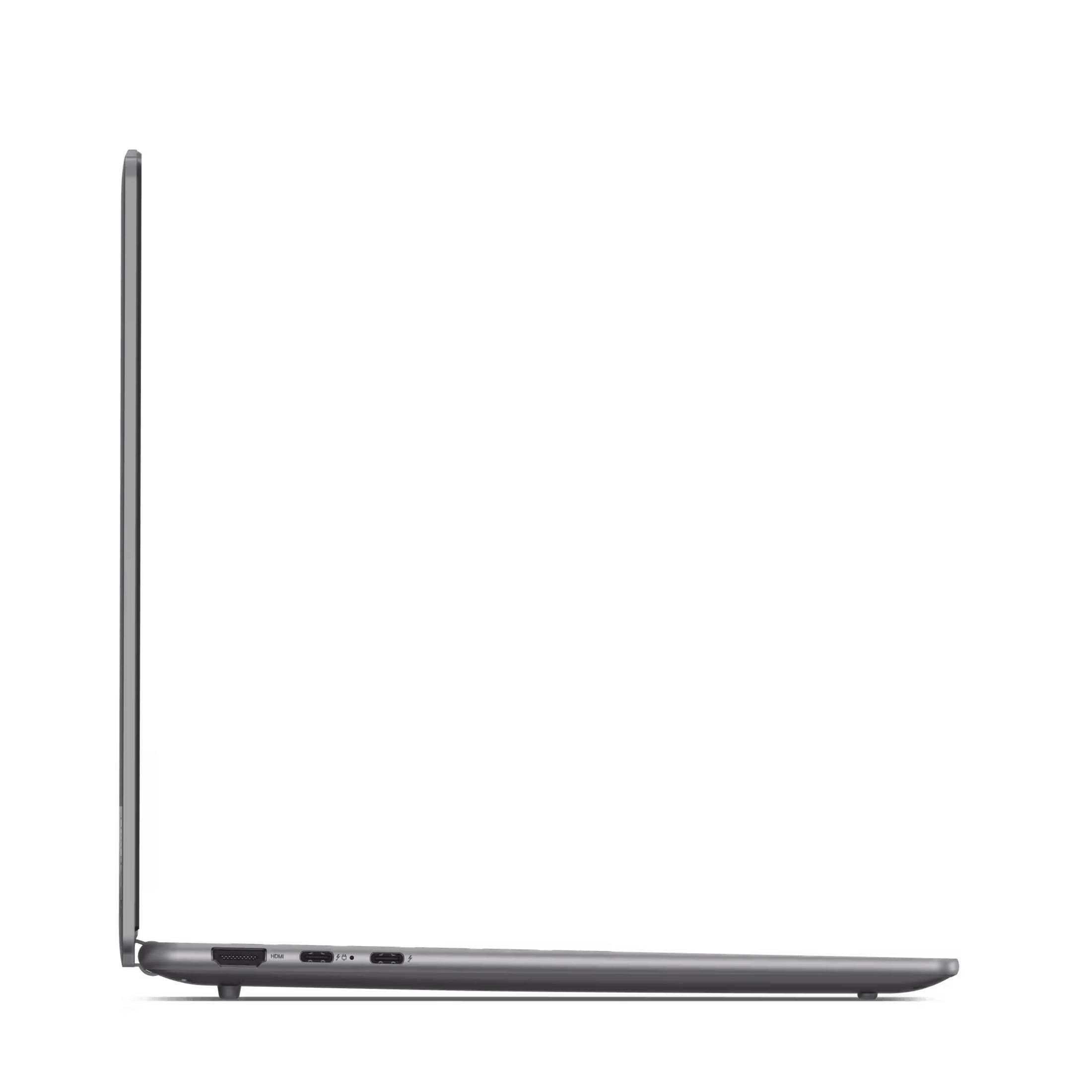 Vista lateral de un portátil gris, mostrando puertos como HDMI y USB-C.