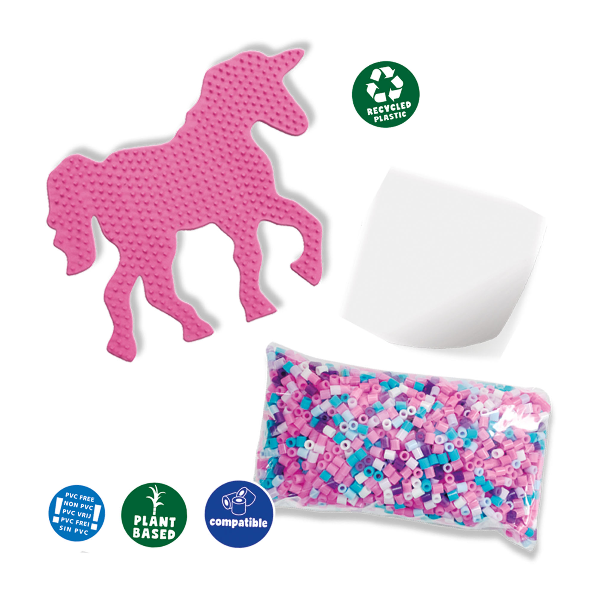 Ein rosa Einhorn-Formteil mit Perlen und weißem Papier. Recycling- und Pflanzen-basiert.
