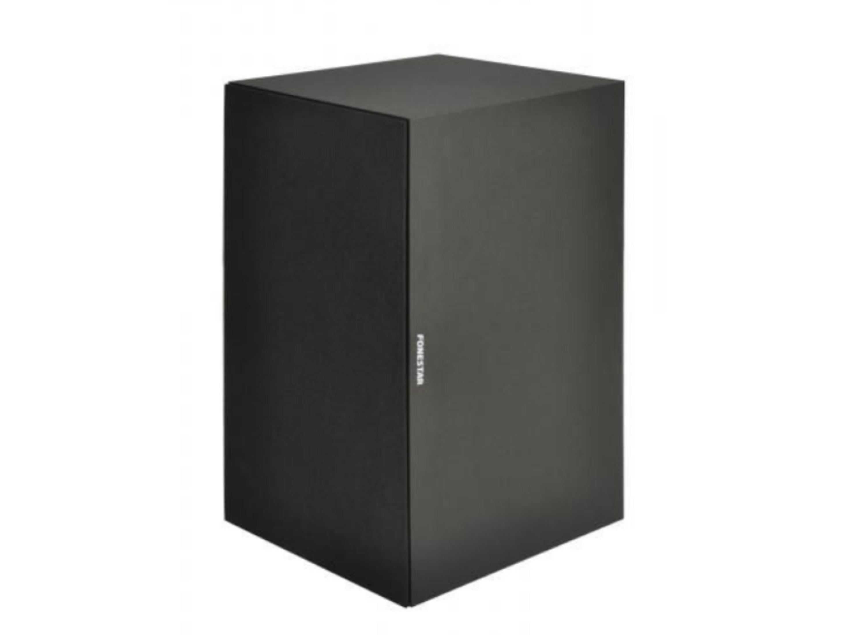 Un altavoz negro y rectangular sobre fondo blanco.