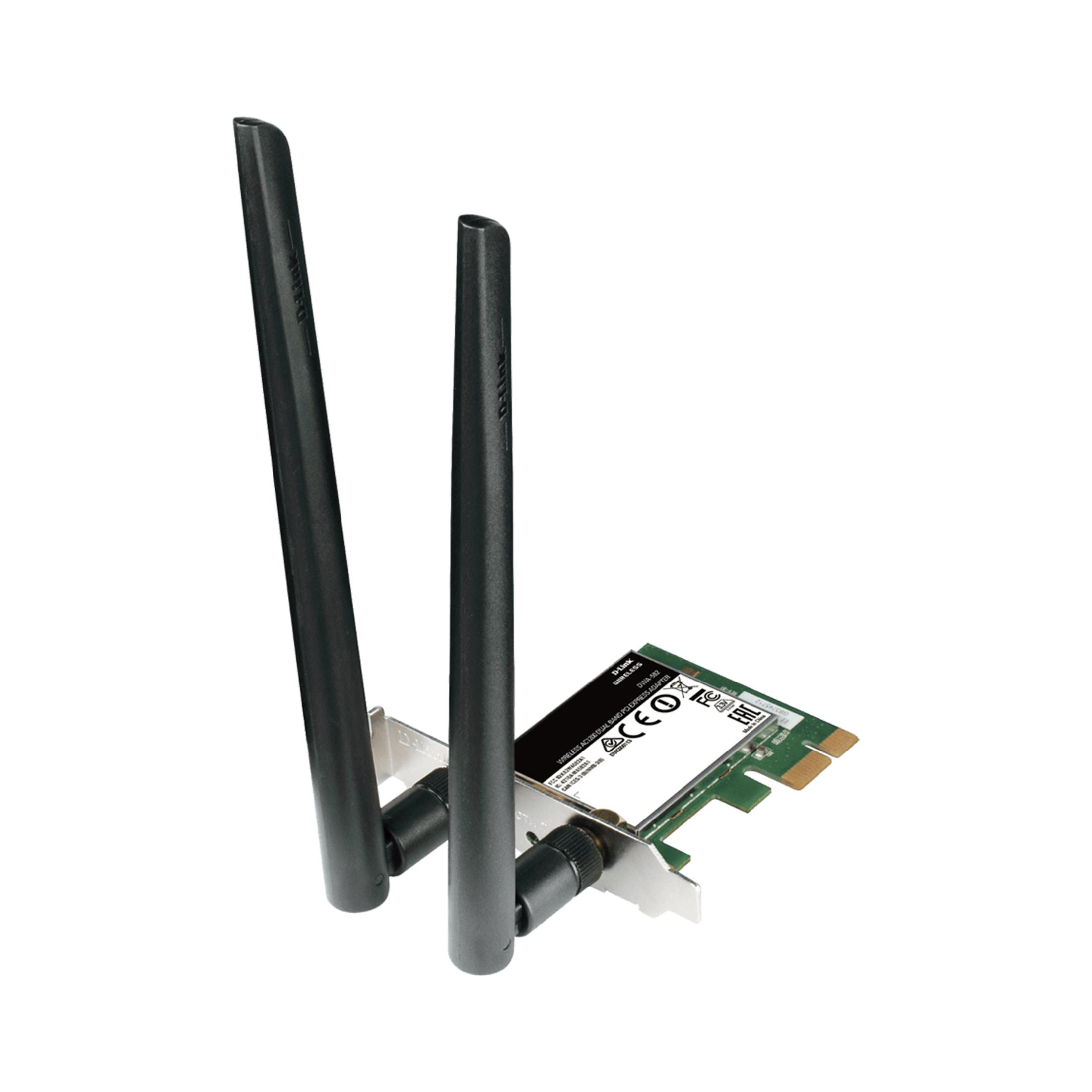 Un adattatore PCIe wireless D-Link con due antenne ed etichettatura.