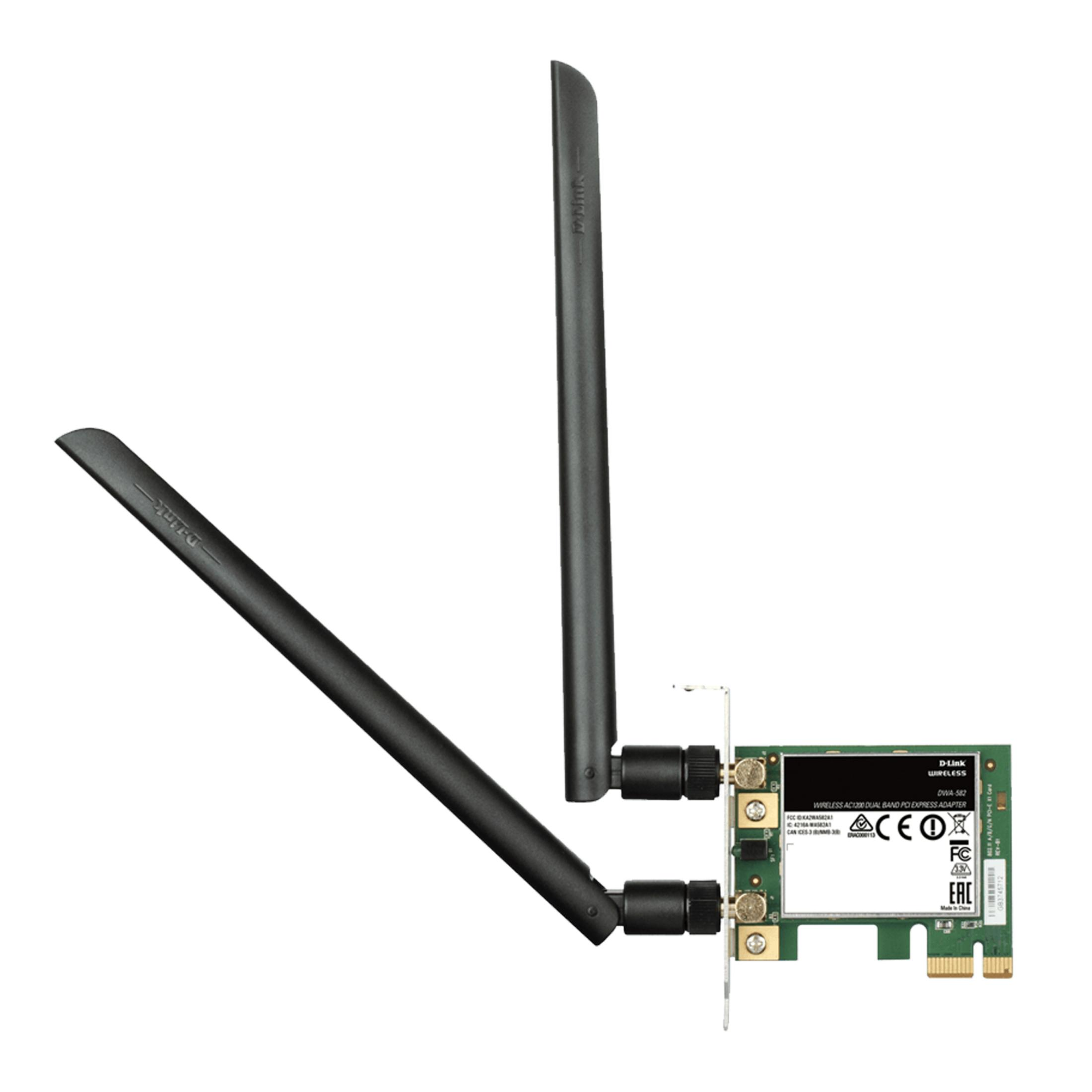 Una scheda WiFi D-Link con due antenne, su sfondo bianco.