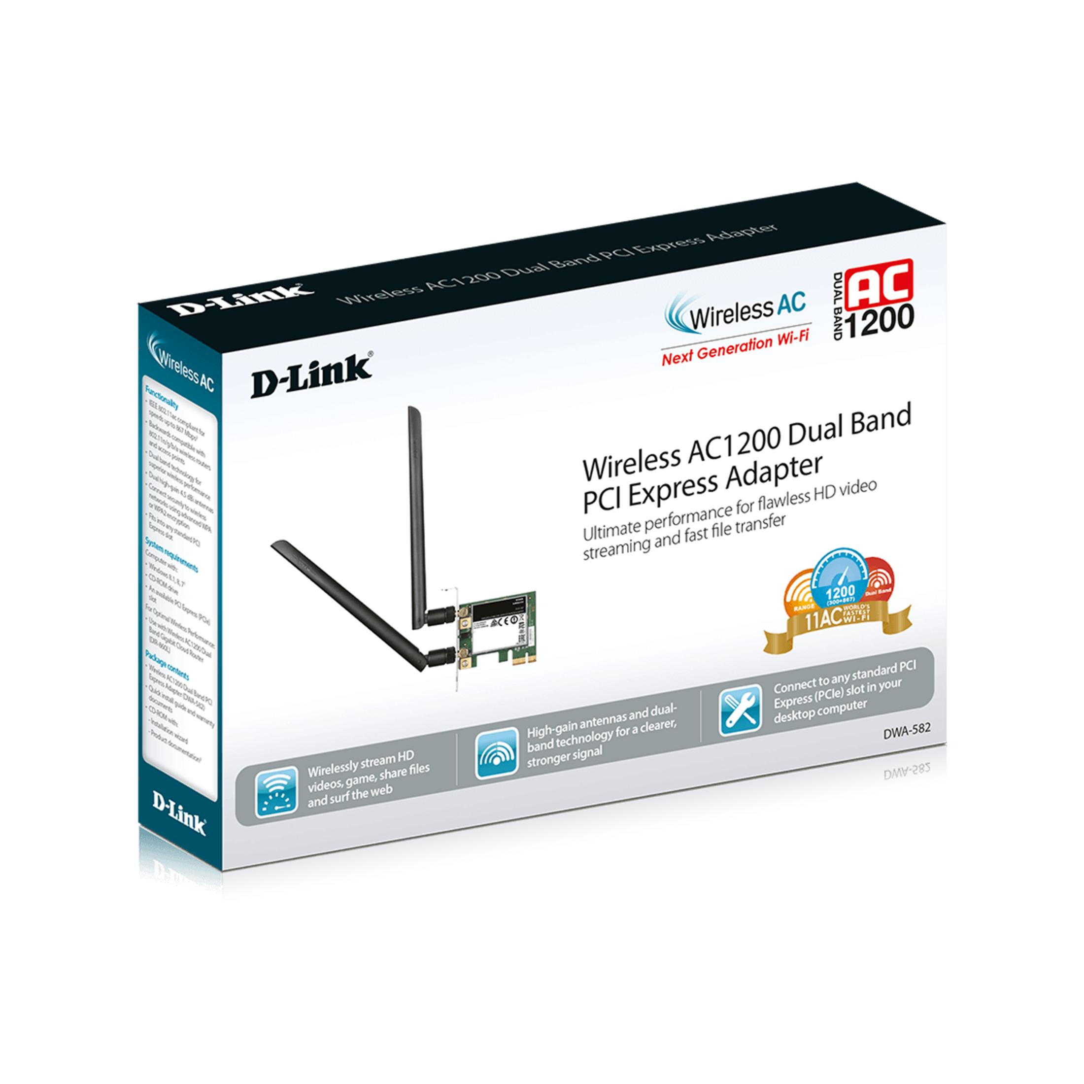 Confezione adattatore D-Link Wireless AC1200 Dual Band PCI Express con adattatore e antenne.
