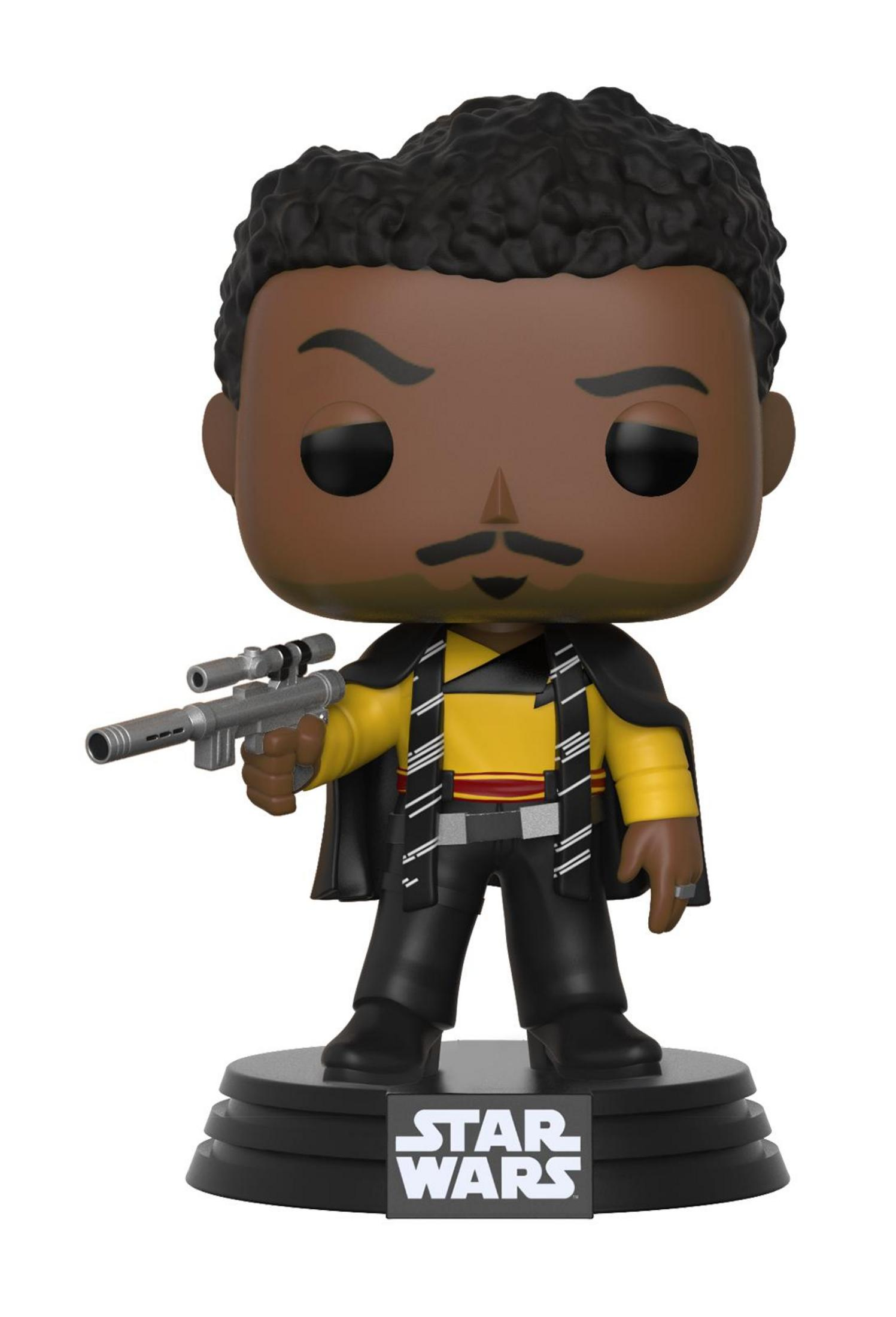 A Funko Pop of Lando Calrissian in a yellow shirt, black cape, and pants, holding a blaster.