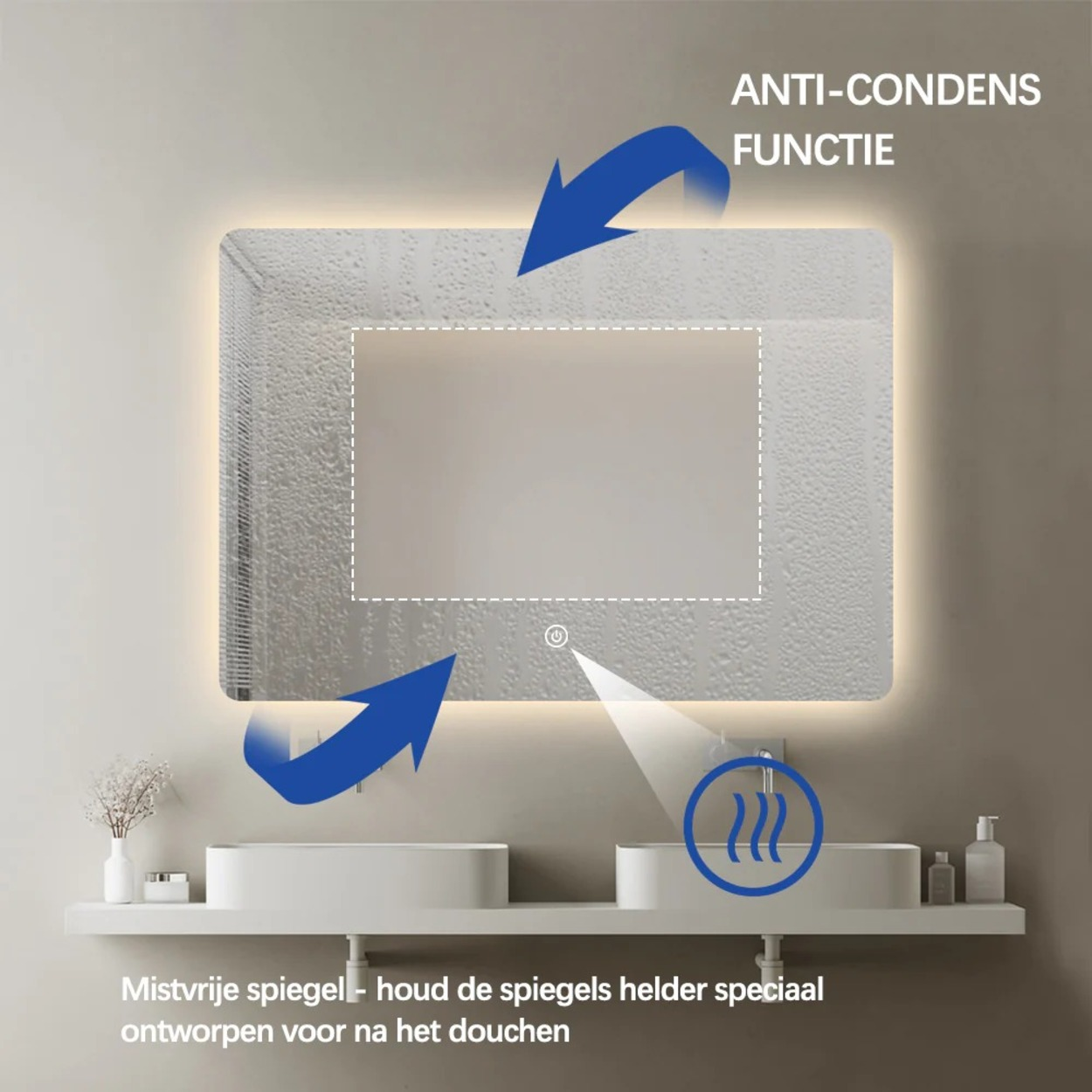 Anti-condens spiegel met LED-verlichting boven twee wastafels, functie getoond.