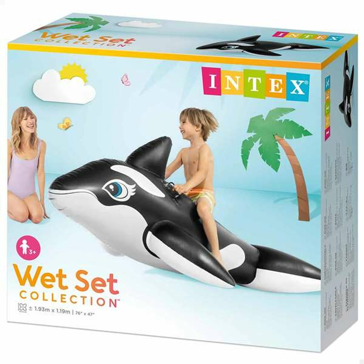 La scatola mostra un bambino su un'orca gonfiabile, con una donna e palme.