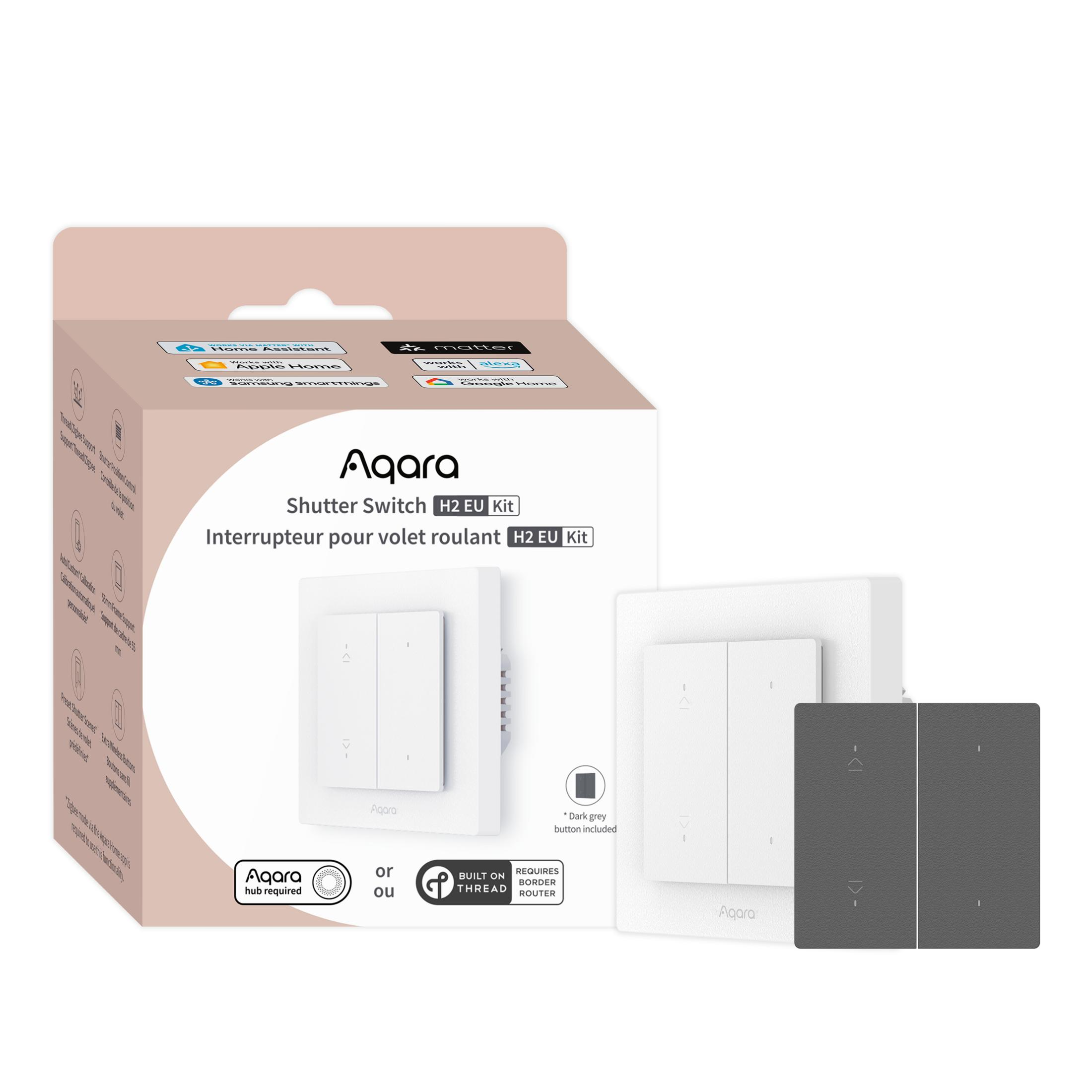 Aqara Smart Switch Verpackung mit weißen und grauen Schaltern. Funktioniert mit Matter.