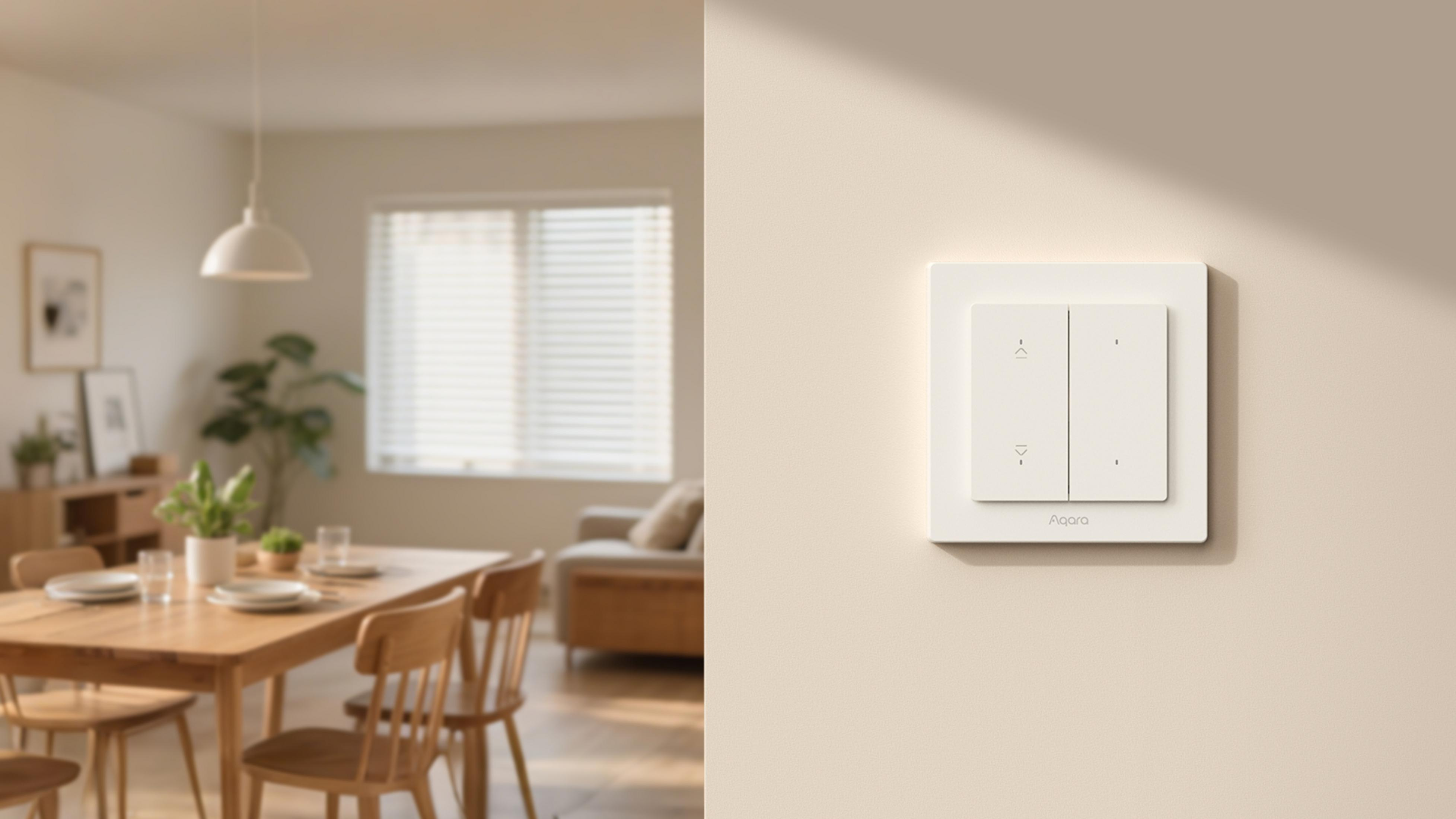 Ein moderner Essbereich mit Holztisch und Stühlen, und einem weißen Smart-Lichtschalter an der Wand.