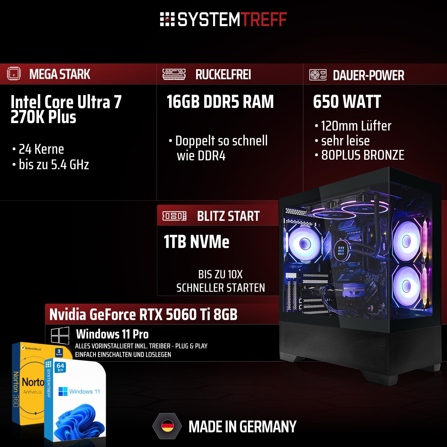 Gaming-PC mit Intel Core Ultra 7, 16GB DDR5, 650W, 1TB NVMe, RTX 5060 Ti, Win 11 Pro.