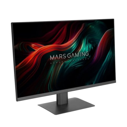 Un monitor di computer nero mostra una grafica astratta e ondulata colorata con il testo MARS GAMING.