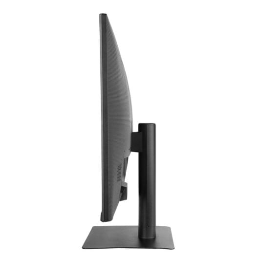 Monitor del computer nero di profilo su sfondo bianco.