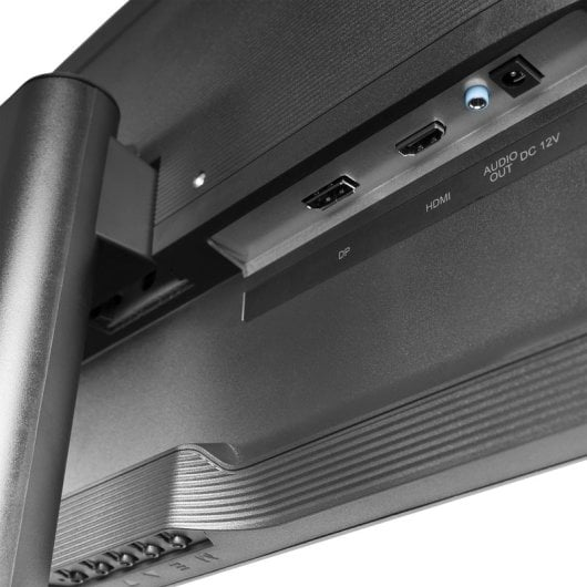 Pannello di connessione del monitor con porte HDMI, DP e audio out.